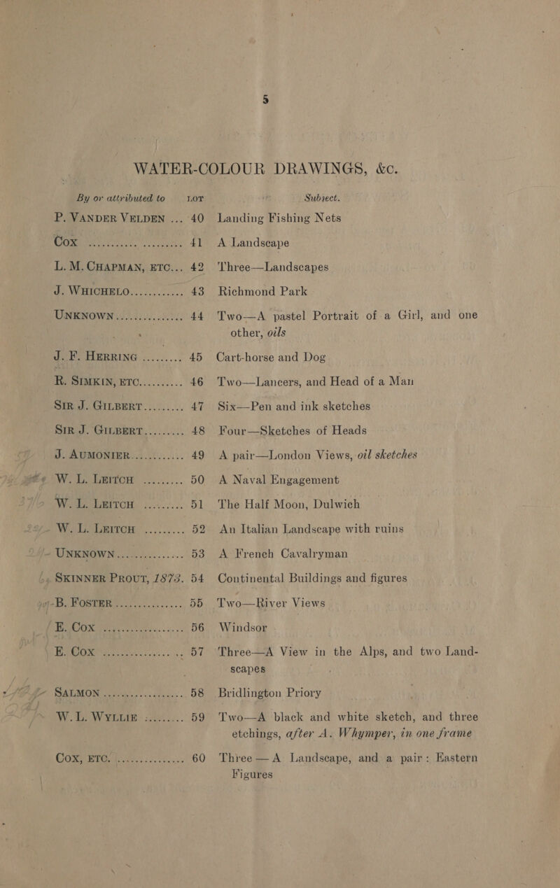 — P. VANDER VELDEN ... ‘40 Ce ye eV ei, L.M.CHAPMAN, ETC... 42 Wi WHIGHETO:.. 8.000... 43 J. Fo HERRING ..... 7 a a ED RK. SIMKIN, ETC.......... 46 Srl GILBERT. }.2).,... 47 Sir J. GILBERT......... 48 J. AUMONIER............ 49 W.L. Leitcn ......... 5] hy ee 52 - UNKNOWN... 0000.5... .. 53 SKINNER PRovt, G78.) O4 Det Oem L.... 55 DAO a) oe ae 56 Pop OOO a 57 SALMON ae ne 58 WW sae... 59 COMM Wr ees 552... , 60 Landing Fishing Nets A Landseape Three—Landscapes Richmond Park Two—A pastel Portrait of a Girl, and one other, otls Cart-horse and Dog Two—Lancers, and Head of a Man Six—-Pen and ink sketches Four—Sketches of Heads A pair—London Views, oil sketches The Half Moon, Dulwich An Italian Landscape with ruins A French Cavalryman Continental Buildings and figures Two—River Views Windsor | Three—A View in the Alps, and two Land- scapes Bridlington Priory Two—A black and white sketch, and three etchings, after A. Whymper, in one frame Three — A Landscape, and a pair: Eastern Figures