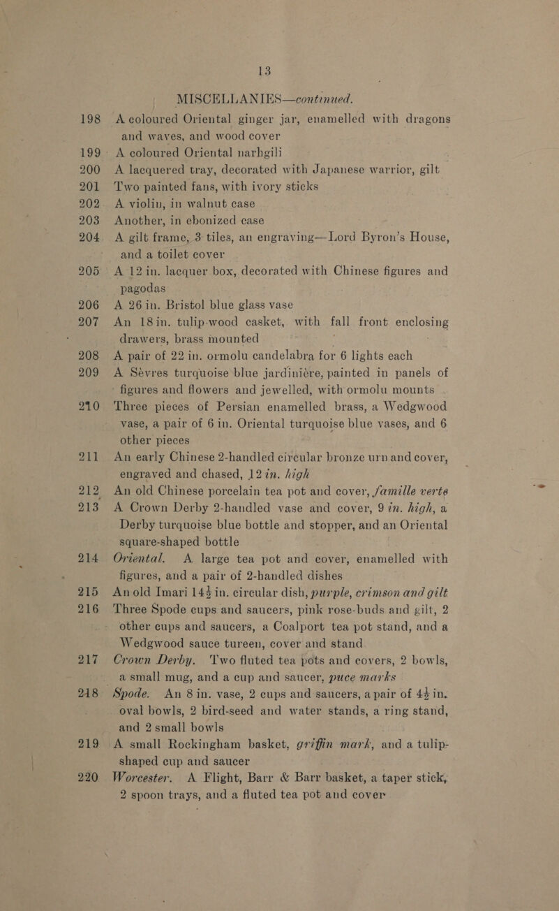 198 200 201 203 204 205 206 207 208 209 210 211 212 213 214 215 216 217 220 13 MISCELLANIES—contonued. A coloured Oriental ginger jar, enamelled with dragons and waves, and wood cover A coloured Oriental narhgili A lacquered tray, decorated with Japanese warrior, gilt Two painted fans, with ivory sticks A violin, in walnut case Another, in ebonized case A gilt frame, 3 tiles, an engraving—Lord Byron’s House, and a toilet cover A 12 in. lacquer box, decorated with Chinese figures and pagodas A 26in. Bristol blue glass vase An 18in. tulip-wood casket, with fall front enclosing drawers, brass mounted 3 A pair of 22 in. ormolu candelabra for 6 lights each A Sévres turquoise blue jardiniére, painted in panels of figures and flowers and jewelled, with ormolu mounts Three pieces of Persian enamelled brass, a Wedgwood vase, a pair of 6 in. Oriental turquoise blue vases, and 6 other pieces | An early Chinese 2-handled circular bronze urn.and cover, engraved and chased, 12 in. high An old Chinese porcelain tea pot and cover, /amille verte A Crown Derby 2-handled vase and cover, 97n. high, a Derby turquoise blue bottle and stopper, and an Oriental square-shaped bottle 7 Oriental. A large tea pot and cover, enamelled with figures, and a pair of 2-handled dishes Anold Imari 144 in. circular dish, purple, crimson and gilt Three Spode cups and saucers, pink rose-buds and gilt, 2 other cups and saucers, a Coalport tea pot stand, and a Wedgwood sauce tureen, cover and stand Crown Derby. Two fluted tea pots and covers, 2 bowls, a small mug, and a cup and saucer, puce marks Spode. An 8 in. vase, 2 cups and saucers, a pair of 44 in. oval bowls, 2 bird-seed and water stands, a ring stand, and 2 small bowls shaped cup and saucer Worcester. A Flight, Barr &amp; Barr basket, a taper stick,