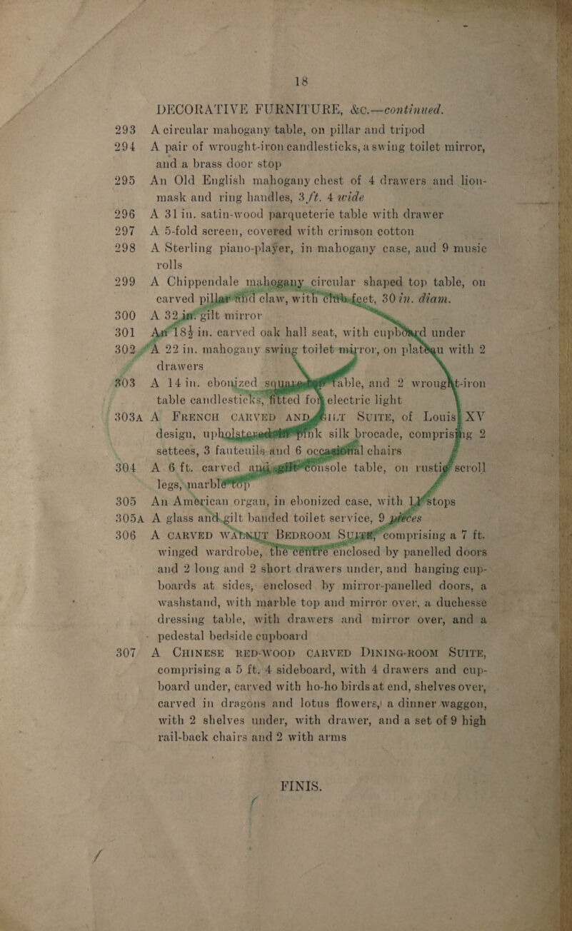 al 18 293 Acircular mahogany table, on pillar and tripod 294 A pair of wrought-iron candlesticks, aswing toilet mirror, and a brass door stop mask and ring handles, 3 /t. 4 wide d ; 296 <A 3lin. satin-wood parqueterie table with drawer 297 A 5-fold screen, covered with crimson cotton = = 298 A Sterling piano-player, in mahogany case, aud 9 music rolls 299 <A CHIppeno are mane        Mmg.cireular shaped top table, on . ewes narblé 305 An American organ, In ebonized case, with Ps 305a A glass and gilt banded toilet ser vice, 9 piece ) 306 A CARVED wi U! > Uae “comprising a 7 ft. winged wardrobe: the e@itre enclosed by panelled doors and 2 long and 2 short drawers under, and hanging eup- > si boards at sides, enclosed by mirror a doors, a “op 4 washstand, with marble top and mirror over, a duchesse — ‘ = ‘ dressing table, with drawers and mirror over, easing pedestal bedside cupboard 307 A CHINESE RED-WOOD CARVED DINING-ROOM SUITE, board under, carved with ho-ho birds at end, shelves over, . carved in dragons and lotus flowers, a dinner waggon, with 2 shelves under, with drawer, and a set of 9 high , rail-back chairs and 2 with arms | FINIS. f - 