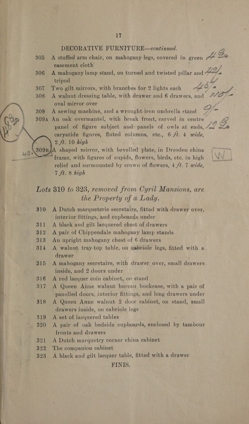 305 306 307 308     309 17 DECORATIVE FURNITU RE—continued. ee, A stuffed arm chair, on mahogany legs, covered in green a Zo casement cloth NS A mahogany lamp stand, on turned and twisted pillar and LLY, tripod , , L/ Two gilt mirrors, with branches for 2 lights each crash ‘g ” f A walnut dressing table, with drawer and 6 drawers, and (Wore oval mirror over A sewing machine, and a wrought-iron umbrella stand a, ; ue Reset panel of figure subject and panels of owls at ends, Jed cl earyatide figures, fluted columns, ete., 6 /¢. 4 wide, 2 ft. 10 high frame, with figures of cupids, flowers, birds, etc. in high | relief and surmounted by crown of flowers, aren 7 wide, 7 ft. 8 high ' 310 311 312 313 314 315 316 317 a 318 ———— . 319 320 321 322 323 the Property of a Lady. A Dutch marqueterie secretaire, fitted with drawer over, interior fittings, and cupboards under A black and gilt lacquered chest of drawers A pair of Chippendale mahogany lamp stands An upright mahogany chest of 6 drawers A walnut tray-top table, on cabriole legs, fitted with a drawer A mahogany secretaire, with drawer over, small drawers inside, and 2 doors under A red lacquer coin cabinet, on stand A Queen Anne walnut bureau bookcase, with a pair of A Queen Anne walnut 2 door cabinet, on stand, small drawers inside, on cabriole legs A set of lacquered tables . A pair of oak bedside cupboards, enclosed by tambour fronts and drawers A Dutch marquetry corner china cabinet The companion cabinet A black and gilt lacquer table, fitted with a drawer FINIS.