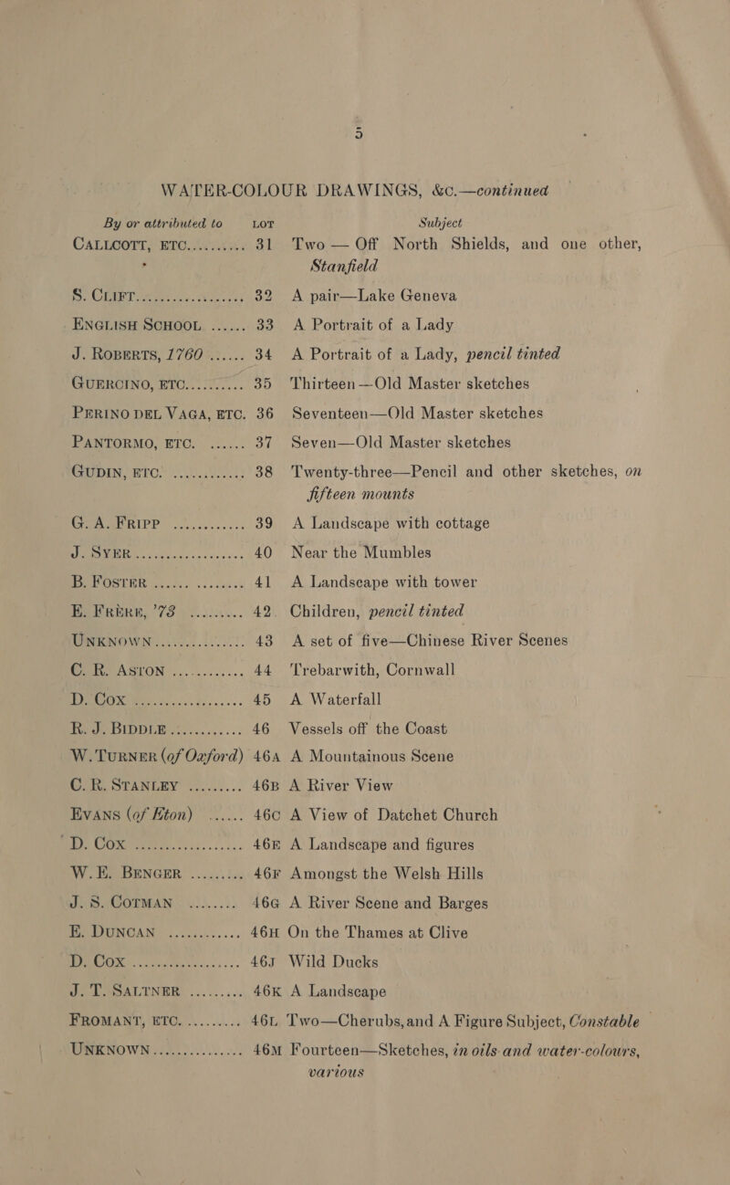 WATER-COLOUR DRAWINGS, &amp;c.—continuea By or attributed to LOT Subject , CALLOOTI? ETC.AC 3 31 Two — Off North Shields, and one other, , Stanfield Ne aN a 32 A pair—Lake Geneva ENGLISH SCHOOL ...... 33 A Portrait of a Lady J. ROBERTS, 1760 ...... 34 <A Portrait of a Lady, pencil tinted GURROINO, HTC... a... . 35 Thirteen—Old Master sketches PERINO DEL VAGA, ETC. 36 Seventeen—Old Master sketches PANTORMO, ETC. ...... 37 Seven—Old Master sketches CIN, BROS uk 38 Twenty-three—Pencil and other sketches, on jifteen mounts CPR IPP = icc cecess 39 <A Landscape with cottage PTI, fod nde e.34 sinus 40 Near the Mumbles LS a 41 <A Landscape with tower MRR 7S 1 ed lc40.. 42. Children, pencil tinted UMENOWN 0.005.505 43 <A set of five—Chinese River Scenes ee ASYVON ju. n.ccdse 44 ‘Trebarwith, Cornwall Lh UD Ee cae 45 <A Waterfall LON Ge) 0) a ar 46 Vessels off the Coast W. Turner (of Ozford) 464 A Mountainous Scene Gil STANLEY 2...)... 46B A River View EvANS (of Hton) ...... 46c A View of Datchet Church UG biche i 46 A Landscape and figures WW. ee DENGER <.0xs) hue 46¥ Amongst the Welsh Hills Je. COTMAN w.....5- 46G A River Scene and Barges FALOUROAMS =o iuee... 46H On the Thames at Clive 1 1: RS, 465 Wild Ducks We eeALINGR!........ 46K A Landscape FROMANT, ETC. ......... 46, Two—Cherubs, and A Figure Subject, Constable — UBeCNOWN o.oo ees 46M Fourteen—Sketches, 72 otls-and water-colours, various