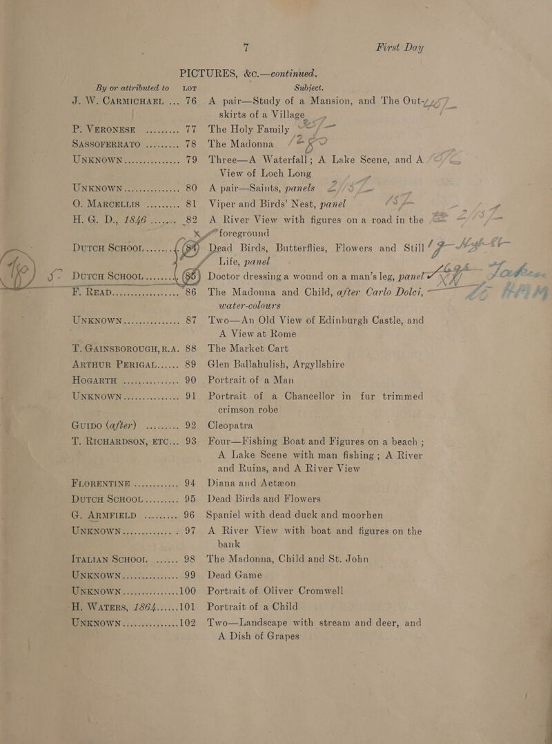 By or attributed to Lor J. W. CARMICHAEL ... 76 |  Pay BRONESE. .c...-.... 77 SASSOFERRATO ......... 78 WRG NOW Nioiiccce soe ecuk 79 MOPISIEM OWN ce Osi cide soe dec « 80 WoO NPAROGLLIS. .... cc... 81 H.G. D., (826 ...., 82 Dutrcu ScHoor te; PDuron SCHOOL.......1 (8) Pecos ot 86 TIEN OWN cesnces sacs 87 T. GAINSBOROUGH,R.A. 88 ARTHUR PERIGAL...... 89 (alee icce: te 90 DNENOWN 12 c... osesev en: 91 Guo (after) ......... 92 T. RICHARDSON, ETC... 93 PVORENTING -2...00+.0005 94 WurTeH SCHOOL........: 95 eR MEIELD 5.05). 008 96 UNKNOWN ............, aot ITALIAN SCHOOL ...... 98 MON ENOWN ci liec hives: 99 MP RNOWN 2.5.20... 000005 100 WNKNOWN é 60: secs. ceees. 102 Subject. A pair—Study of a Mansion, and The Out-/» skirts of a Village, | The Holy Family boa i Seg The Madonna / @ Ee Three—A hatentete A Lake Scene, and A View of Loch Lone A pair—Saints, panels 2.9 /— Viper and Birds’ Nest, panel A River View with figures on a road in the rg) * foreground Life, panel water-colours Two—An Old View of Edinburgh Castle, and A View at Rome The Market Cart Glen Ballahulish, Argyllshire Portrait of a Man Portrait of a Chancellor in fur trimmed  crimson robe Cleopatra Four—F ishing Boat and Figures on a beach ; A Lake Scene with man fishing; A River and Ruins, and A River View Diana and Acton Dead Birds and Flowers Spaniel with dead duck and moorhen A River View with boat and figures on the bank The Madonna, Child and St. John Dead Game Portrait of Oliver Cromwell Portrait of a Child Two—Landscape with stream and deer, and A Dish of Grapes a on)