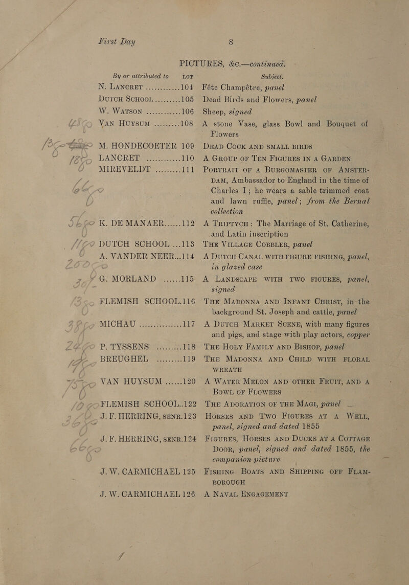 By or attributed to LOT NG BANORET ee oe 104 DUPCH-SCHOOI eau 105 W 2 WATSON aoe 106 NAN SHUY SUM \es.. 108 DANGR ET cate 110 MIREVELDE 7c... 111 K. DE MANAER......112 DUTCH SCHOOCE: 2113 A. VANDER NEER...114 G. MORLAND FLEMISH SCHOOL.116 IV CO HEA ei eee Lag. PPV SS ENG es 118 BREVUGH HG... rig VAN SHUY S Ui 120 22 FLEMISH SCHOOL..122 J. F. HERRING, SEnR.123 J. F. HERRING, senr.124 J. W. CARMICHAEL 125 J.W. CARMICHAEL 126 Subject. Féte Champétre, panel Dead Birds and Flowers, panel Sheep, signed A stone Vase, glass Bowl and Bouquet of ~ Flowers DEAD COCK AND SMALL BIRDS A Group OF TEN FIGURES IN A GARDEN PORTRAIT OF A BURGOMASTER OF AMSTER- DAM, Ambassador to England in the time of Charles I; he wears a sable trimmed coat and lawn ruffle, panel; from the Bernal collection A TriprycH: The Marriage of St. Catherine, and Latin inscription THE VILLAGE COBBLER, panel A DUTCH CANAL WITH FIGURE FISHING, panel, in glazed case A LANDSCAPE WITH TWO FIGURES, panel, signed THE MADONNA AND INFANT CHRIST, in-the background St. Joseph and cattle, panel A DutcH MARKET SCENE, with many figures and pigs, and stage with play actors, copper THE Hoty FAMILY AND BisHop, panel THE MADONNA AND CHILD WITH FLORAL WREATH | A WATER MELON AND OTHER FRUIT, AND A Bow. or FLOWERS THE ADORATION OF THE MAGI, panel Horsrs AND Two FIGURES AT A WELL, panel, signed and dated 1855 Figures, HorsES AND DUCKS AT A COTTAGE Door, panel, signed and dated 1855, the companion picture FISHING BOATS AND SHIPPING OFF FLAM- BOROUGH A NAVAL ENGAGEMENT