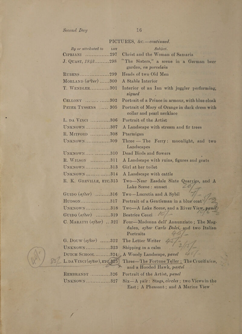 PICTURKS, &amp;c. — continued. By or attributed to LOT Reapeee (SEPRIANI OC pewel fea Geek 297 Christ and the Woman of Samaria MAST) L020 cuanto 298 “The Sisters,” a scene in a German beer garden, on porcelain TRUBENS .;... caer ee ee 299 Heads of two Old Men MorLAND (after) ...... 300 A Stable Interior i WENDLRR 2 eo ee 301 Interior of an Inn with juggler performing, signed | ; CELLONY (ie ha 302 Portrait of a Prince in armour, with blue cloak PrererR TYSSENS ...... 305 Portrait of Mary of Orange in dark dress wim collar and pearl necklace LAD A VaENGT S55 Saas 306 Portrait of the Artist UNKNOWN Ses 307 &lt;A Landscape with stream and fir trees Ke MALDEORD |. cece 308 Ptarmigan UNENOWIN: 5. Serueke sas 309 Three — The Ferry: moonlight, and two Landscapes UNKNOWN . 25 see ens 310 Dead Birds and flowers ; R:. WEEESON 5. ee 311 A Landscape with ruins, figures and goats UNENOVWANS Pope cece: 313 Girl at her toilet , UNKNOWN..:.......5, ...o14 A Landscape with cattle R. K. GREVILLE, ETC.315 Two—Near Easdale Slate Quarri s, and A . | Lake Scene: sunset . x aga , Guino (after) ®t 316 Two —Lucretia and A Sybil id sae TLUDSON.s Bee 317 Portrait of a Gentleman in a blue coat ™ y he UNKNOWN:......: aoe 318 'Two—A Lake Scene, and a River View, fa a Guipo (after) JA 319 Beatrice Cenci “&lt; f = C. MaRatti (after) ...321 Four—Madonna dell’ Annunziato; The Nie dalen, after Carlo Dotet;. and. two Italian | Portraits | SO fae G. Douw (after) ...... 322 The Letter Writer &amp; ri VINK NOWN 12s, ee 323 Shipping.in a calm &lt; 4 LS ft Be DUTCH. SOHOOU tease ras 324. A Woody Landscape, panel &lt;* L. pA VINCI (after), pra) Three—The Fortune Teller ; The Crucifixion, * anda Hooded Hawk,- pastel. REMBRANDT ......03.2:, 326 Portrait of the Artist, panel UNKNOWN ...23.5......5))327 “Six—A paw : Stags, circles ; two Views in the East; A Pheasant; and A Marine View ;