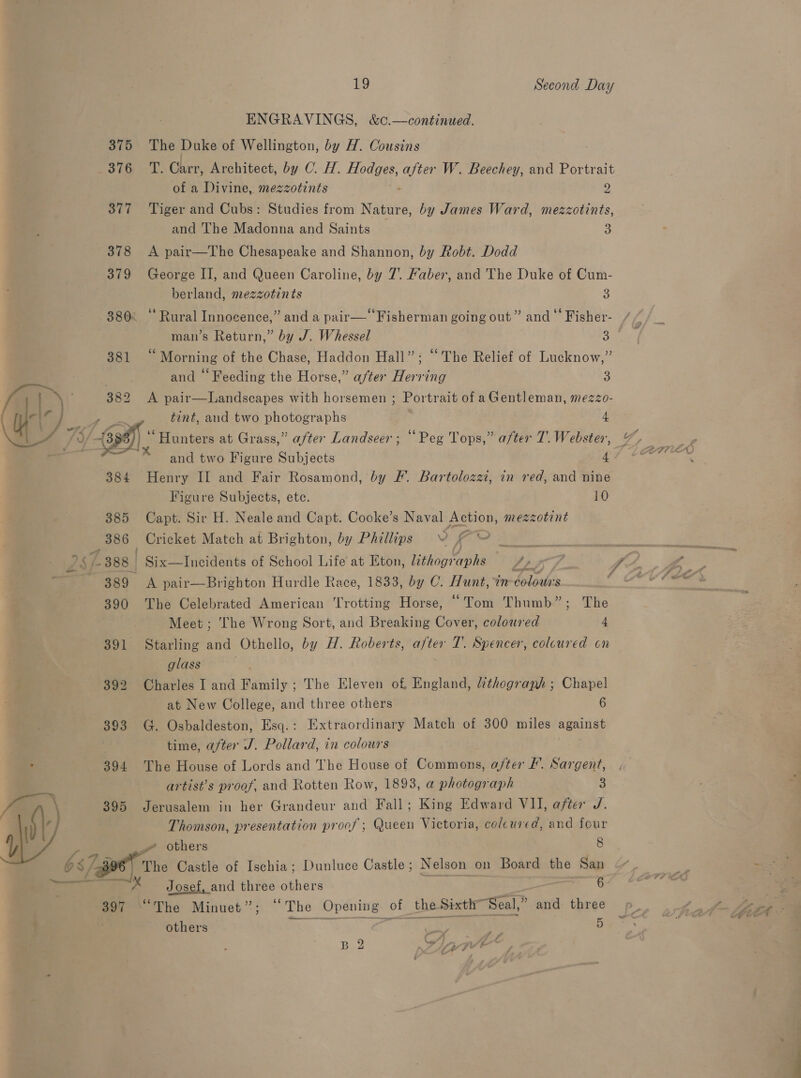 ENGRAVINGS, &amp;c.—continued. 375 The Duke of Wellington, by H. Cousins 376 TT. Carr, Architect, by C. H. Hodges, after W. Beechey, and Portrait of a Divine, mezzotints 2 377 Tiger and Cubs: Studies from makers by James Ward, mezzotints, and The Madonna and Saints 3 378 &lt;A pair—The Chesapeake and Shannon, by Robt. Dodd 379 George II, and Queen Caroline, by 7. Faber, and The Duke of Cum- berland, mezzotints 3 380: ‘Rural Innocence,” and a pair— ‘Fisherman going out” and ‘* Fisher-  man’s Return,” by J. Whessel one 381 “Morning of the Chase, Haddon Hall”: “The Relief of Lucknow,” and ‘Feeding the Horse,” after Herring 3 ‘\ ' 382 A pair—Landscapes with horsemen ; Portrait of aGentleman, mezzo- | uy iy aoe tint, and two photographs 4 Vee /v 3)) ‘“ Hunters at Grass,” after Landseer; “Peg Tops,” after 7. Webster, er and two Figure Subjects 4 384 Henry II and Fair Rosamond, by F. Bartolozzi, in red, and nine Figure Subjects, ete. 10 385 Capt. Sir H. Neale and Capt. Cooke’s Naval Action, mezzotint 386 Cricket Match at Brighton, by Phillips V fe _ ,$ 7.388 -Six—Incidents of School Life at Eton, lithogr aphs VY ge 389 A pair—Brighton Hurdle Race, 1833, by C. Hunt, in dolodus 390 The Celebrated American Trotting Horse, “Tom Thumb”; The Meet ; The Wrong Sort, and Breaking Cover, coloured 4 391 Starling and Othello, by H. Roberts, a/ter T. Spencer, colcured cn glass 392 Charles I and Family ; The Eleven of England, &amp;thogranh ; Chapel at New College, and three others 6 393 G. Osbaldeston, Esq.: Extraordinary Match of 300 miles cena time, after J. Pollard, in colours : 394 The House of Lords and The House of Commons, a/ter #’. Sargent, artist’s proof, and Rotten Row, 18938, a photograph 3 Fan \ 395 Jerusalem in her Grandeur and Fall; King Edward VII, after J. (|) Thomson, presentation proof ; Queen Victoria, colcared, and four )\ ra _ others 8 65/396 The Castle of Ischia; Dunluce Castle; Nelson on Board the San ~~ X Josef, and three others ae 23, 6 397 “The Minuet”; “The Opening of the Sixth” Seal,” and three others Tea a eee 5