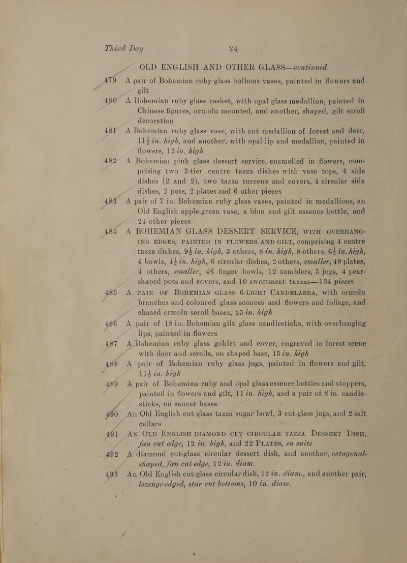479 480 481 489 489 490) OLD ENGLISH AND OTHER GLASS—continued. A pair of Bohemian ruby glass bulbous vases, painted in flowers and eilt | A Bohemian ruby glass casket, with opal glass medallion, painted in Chinese figures, ormolu mounted, and another, shaped, gilt scroll decoration A Bohemian ruby glass vase, with cut medallion of forest and deer, 113 in. high, and another, with opal lip and medallion, painted in flowers, 1372n. high A Bohemian pink glass dessert service, enamelled in flowers, com- prising two 2-tier centre tazza dishes with vase tops, 4 side dishes (2 and 2), two tazza tureens and covers, 4 circular side dishes, 2 pots, 2 plates and 6 other pieces A pair of 7 in. Bohemian ruby glass vases, painted in medallions, an Old English apple-green vase, a blue and gilt essence bottle, and 24 other pieces ) A BOHEMIAN GLASS DESSERT SERVICE, with OVERHANG- ING EDGES, PAINTED IN FLOWERS AND GILT, comprising 4 centre tazza dishes, 947n. high, 3 others, 8 in. high, 8 others, 64 in. high, 4 bowls, 43 7n. high, 6 circular dishes, 2 others, smaller, 48 plates, 4 others, smaller, 46 finger bowls, 12 tumblers, 5 jugs, 4 pear- shaped pots and covers, and 10 sweetmeat tazzas—134 pieces A PAIR OF BOHEMIAN GLASS 6-LIGHT CANDELABRA, with ormolu branches and coloured glass sconces and flowers and foliage, and chased ormolu scroll bases, 23 72. high A pair of 18 in. Bohemian gilt glass candlesticks, with overhanging lips, painted in flowers A Bohemian ruby glass goblet and cover, engraved in forest scene with deer and scrolls, on shaped base, 1522. high A pair of Bohemian ruby glass jugs, painted in flowers and gilt, Lid cn. high A pair of Bohemian ruby and opal glass essence bottles and stoppers, painted in flowers and gilt, 117m. high, and a pair of 8 in. candle- sticks, on saucer bases An Old English cut-glass tazza sugar bowl, 3 cut-glass jugs, and 2 salt cellars AN OLp ENGLISH DIAMOND CUT CIRCULAR TAZZA DEssERT DISH, fan cut edge, 12 in. high, and 22 PLATES, en sucte | A diamond cut-glass circular dessert dish, and another, octagonal- shaped, fan cut edge, 12 in. diam. An Old English cut-glass circular dish, 12 27. diam., and another pair,