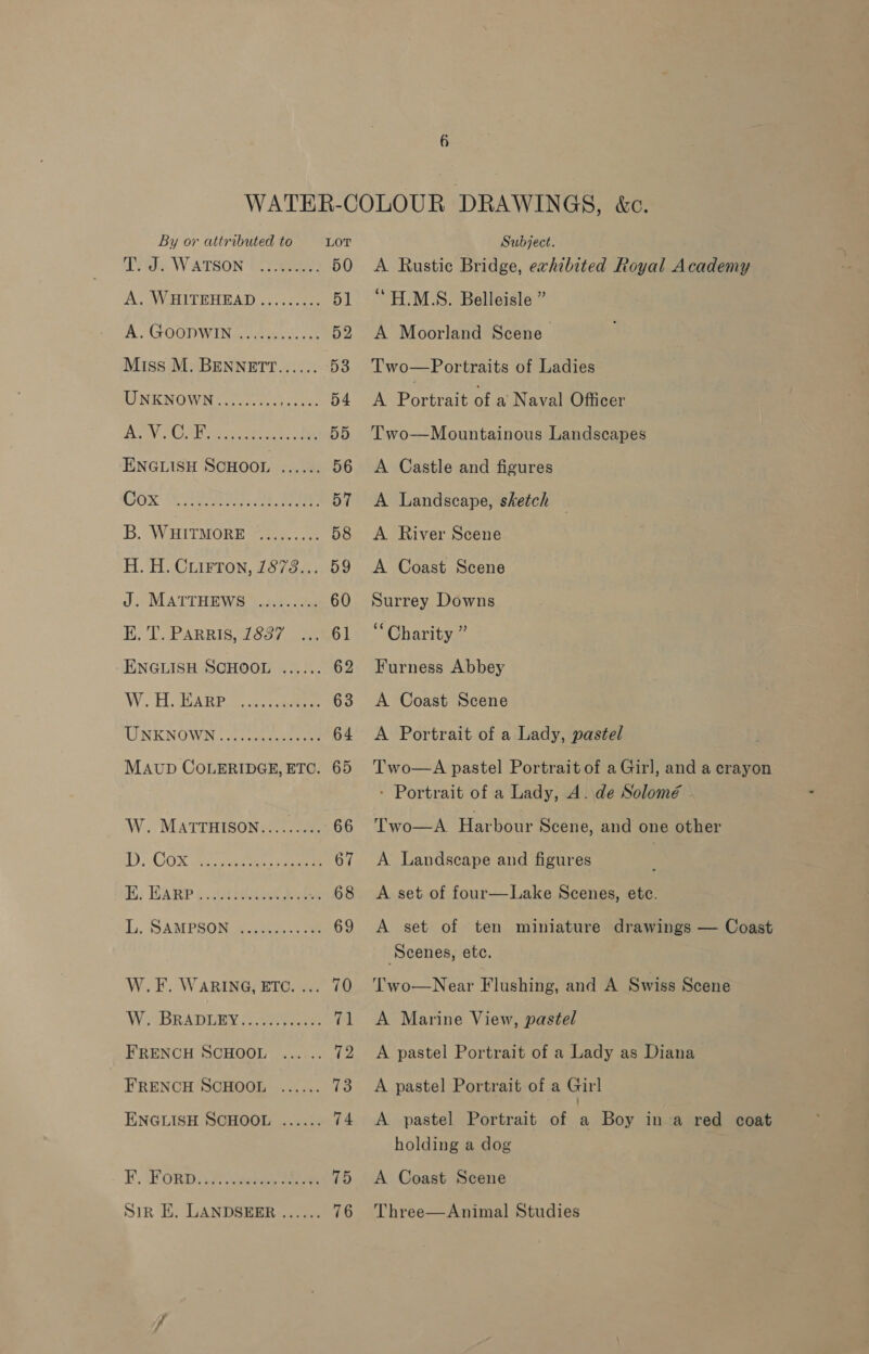 By or attributed to LOT yids. WATSON (eee. 50 A. WHITEHEAD......... 5] A. GOONWING féeres...6 52 Miss M. BENNETT...... 53 UNKNOWN Goh es cs. 54 ps oe is BF ee ee ga eS 55 ENGLISH SCHOOL ...... 56 GOK Go Se Or ERE 57 B. WHITMORE 2.4...,. 58 H. H. Cuirron, 1873... 59 J. MATTHEWS ......... 60 EK. TI’. PARRIS, 1887 ...°.61 ENGLISH SCHOOL ...... 62 W. HARP 3. tee 63 WIN KNOWN. Sc sceeeee pace 64 MAvuD COLERIDGE, ETC. 65 W. MATTHISON:< 1.23. 66 1D: OG 22 eee ee 67 K: LARP cues See 68 eeererterreee W.F. WARING, ETC. ... 70 W SBRATiIEY 2 y.2eCd. oe, 71 FRENCH SCHOOL FRENCH SCHOOL ENGLISH SCHOOL Subject. A Rustie Bridge, exhibited Royal Academy ‘ H.M.S. Belleisle ” A Moorland Scene Two—Portraits of Ladies A Port of a Naval Officer Two—Mountainous Landscapes A Castle and figures A Landscape, sketch A River Scene A Coast Scene Surrey Downs “Charity ” Furness Abbey A Coast Scene A Portrait of a Lady, pastel Two—A pastel Portrait of a Girl, and a crayon - Portrait of a Lady, A. de Solomé - Two—A Harbour Scene, and one other A Landscape and figures A set of four—Lake Scenes, ete. A set of ten miniature drawings — Coast Scenes, ete. Two—Near Flushing, and A Swiss Scene A Marine View, pastel A pastel Portrait of a Lady as Diana A pastel Portrait of a Girl A pastel Portrait of a Boy in a red coat holding a dog A Coast Scene Three—Animal Studies