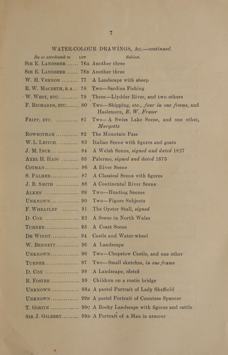 ¥ Sir E. LANDSEER Siz E. LANDSEER W. H. VERNON R. W. MACBETH, B.A... eoeeee W. WEST, ETC. ..... F. RICHARDS, ETC....... eee eee eee ere eer aeeneraeee see were er enere eereeeeae eee eee oer sae sseseor ewes te ees e ses eee seer er sen aes see eee seer erase aveoe Ce ee) eorsenene ee ee cee eee aes ser aessoe seer eee ee re eeoe eee see ee ee ee cere er see ses eee seer ee ree soe eer oee ee cer eon eee ee eeee pee eee rear eeere UNKNOWN T. GIRTIN eer eer eer seres Sir J, GILBERT 76A Another three 76B Another three 77 <A Landscape with sheep 78 Two—Sardine Fishing 79 Three—Llydder River, and two others 80 Two—Shipping, etc., four in one frame, and Haslemere, R. W. Fraser 81 Two—A Swiss Lake Scene, and one other, Margetts 82 The Mountain Pass . 83 Italian Scene with figures and goats 84 <A Welsh Scene, signed and dated 1827 85 Palermo, signed and dated 1875 86 A River Scene 87 A Classical Scene with figures 88 <A Continental River Scene 89 'Two—Hunting Scenes 90 Two—Figure Subjects 91 The Oyster Stall, s¢gned 92 A Scene in North Wales 93 A Coast Scene 94 Castle and Water-wheel 95 A Landscape 96 'Two—Chepstow Castle, and one other 97 'Two—Small sketches, in one frame 98 A Landscape, sketch 99 Children on a rustic bridge 99a A pastel Portrait of Lady Sheffield 998 A pastel Portrait of Countess Spencer 99c¢ A Rocky Landscape with figures and cattle 99p A Portrait of a Man in armour
