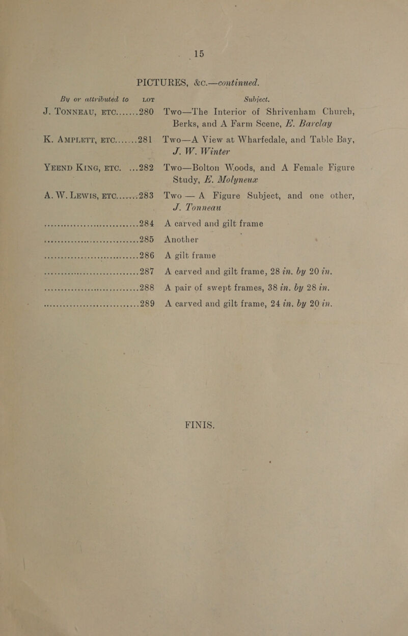 “165 By or attributed to LOT wo LONNEAU,. ETO: ...0 280 K. AMPLETT, ETC....-.. 281 YEEND KING, ETC. ...282 A. W. LEWIS, ETC... 283 Subject. Two—The Interior of Shrivenham Church, Berks, and A Farm Scene, /’. Barclay Two—A View at Wharfedale, and Table Bay, J. W. Winter Two—Bolton Woods, and A Female Figure Study, 4. Molyneux Two — A Figure Subject, and one other, J. Tonneau A carved and gilt frame Another | A gilt frame A carved and gilt frame, 28 72. by 20 7n. A pair of swept frames, 38 in. by 28 in. A carved and gilt frame, 2477. by 20 zn. FINIS.