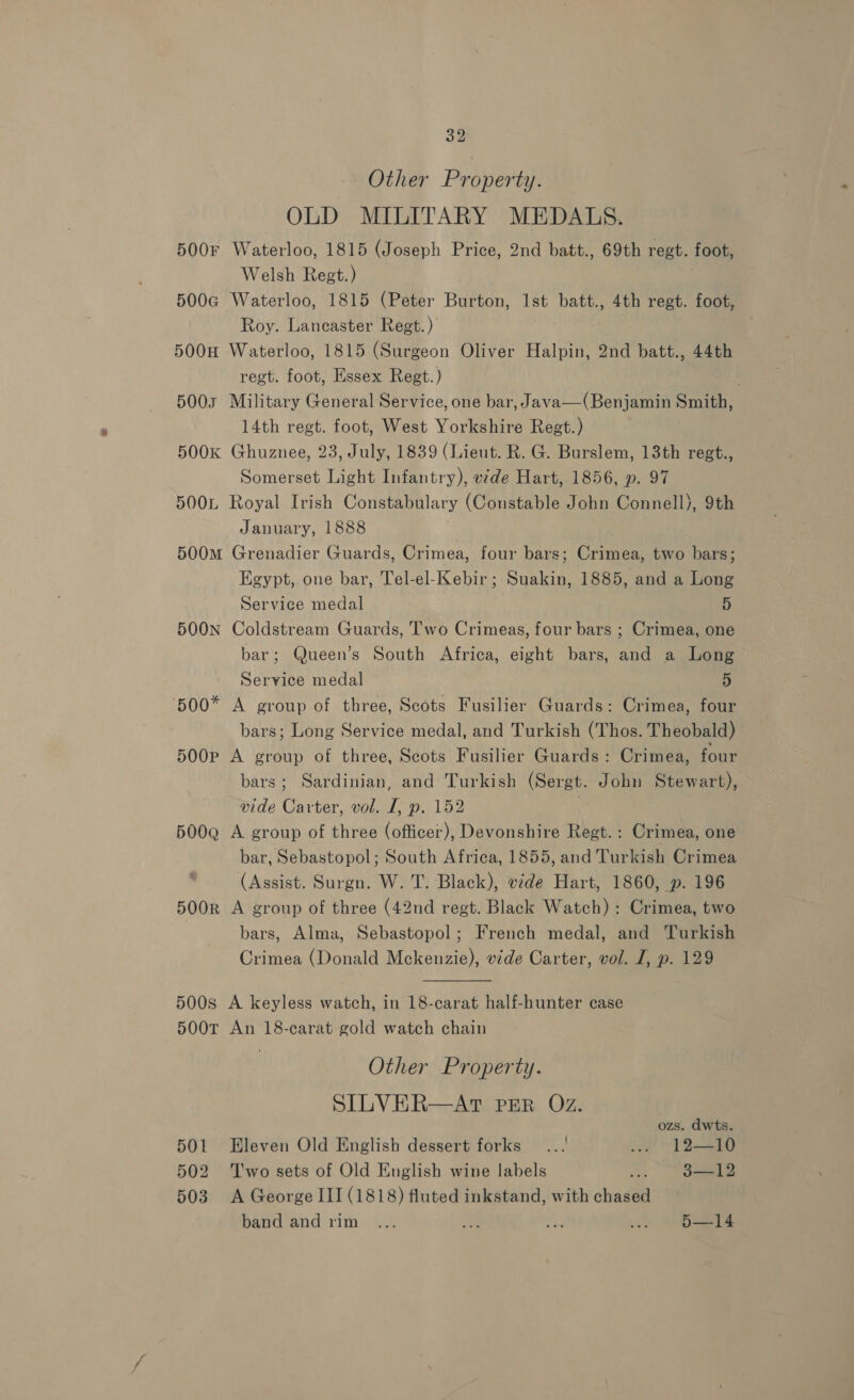 Other Property. OLD MILITARY MEDALS. 500F Waterloo, 1815 (Joseph Price, 2nd batt., 69th regt. foot, Welsh Regt.) 500G Waterloo, 1815 (Peter Burton, Ist batt., 4th regt. foot, Roy. Lancaster Regt. ) 500H Waterloo, 1815 (Surgeon Oliver Halpin, 2nd batt., 44th regt. foot, Essex Regt.) . 500s Military General Service, one bar, Java—(Benjamin Smith, 14th regt. foot, West Yorkshire Regt.) 500K Ghuznee, 23, July, 1839 (Lieut. R. G. Burslem, 13th regt., Somerset Light Infantry), ede Hart, 1856, p. 97 500L Royal Irish Constabulary (Constable John Connell), 9th January, 1888 500m Grenadier Guards, Crimea, four bars; Crimea, two bars; Egypt, one bar, Tel-el-Kebir ; Suakin, 1885, and a Long Service medal 5 500N Coldstream Guards, Two Crimeas, four bars ; Crimea, one bar; Queen’s South Africa, eight bars, and a Long Service medal 5 500* A group of three, Scots Fusilier Guards: Crimea, four bars; Long Service medal, and Turkish (Thos. Theobald) 500pP A group of three, Scots Fusilier Guards: Crimea, four bars; Sardinian, and Turkish (Sergt. John Stewart), vide Carter, vol. I, p. 152 . 500Q A group of three (officer), Devonshire Regt. : Crimea, one bar, Sebastopol; South Africa, 1855, and Turkish Crimea (Assist. Surgn. W. T. Black), vide Hart, 1860, p. 196 500k A group of three (42nd regt. Black Watch) : Crimea, two bars, Alma, Sebastopol; French medal, and Turkish Crimea (Donald Mckenzie), vide Carter, vol. J, p. 129  500s A keyless watch, in 18-carat half-hunter case 500T An 18-carat gold watch chain Other Property. SILVER—AT PER Oz. ozs. dwts 501 Eleven Old English dessert forks ... ‘2’ *T2— 502 ‘'T'wo sets of Old English wine labels hs 3—12 503 A George III (1818) fluted inkstand, with chased band and rim ... 4 aa .. O—14