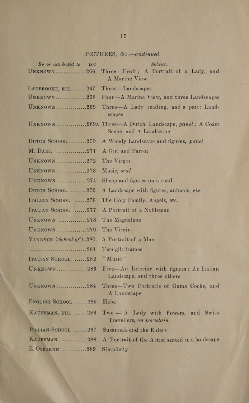 lod bee By or attributed to LOT Subject. EIMENOWN ot ocala nce: 266 Three—Fruit; A Portrait of a Lady, and A Marine View LADBROOKE, ETC. ...... 267 Three—Landscapes RIRENOWN 1.2 aee as 268 Four—A Marine View, and three Landscapes MINENOWN 2.5. Jjeud seed: 269 Three—A Lady reading, and a pair: Land- scapes TINK NOWN i ii ees clea 269A Three—A Dutch Landscape, panel; A Coast Scene, and A Landscape DutrcH SCHOOL......... 270 A Woody Landscape and figures, panel Bee ATIT 4. 3 re 271 A Girl and Parrot WOK NOWN |.: oe at ie ‘The Virgin MMENOWN.....c2scceey oo 273 Music, oval RENIENOWN «2.2.00... 0cn es 274 Sheep and figures on a road Dutcn ScHoot........... Oro. A. Landecaen with figures, animals, etc. ITALIAN SCHOOL ...... 276 The Holy Family, Angels, ete. ITALIAN SCHOOL. ...... 277 A Portrait of a Nobleman EERNOWN i202. abeee de. 278 ‘The Magdalene TINKNOWN ......2.2205 ...279 The Virgin Vanpyck (School of )..280 A Portrait of a Man ERI eo Pp bee 281 ‘lwo gilt frames ITALIAN SCHOOL ...... 282 “Music” SEINE SOWN 21.2. Jsskaeteus 283 Five—An Interior with figures: An Italian Landscape, and three others MURR NOWN (ii iisececccees 284 Three—T'wo Portraits of Game Cocks, aid A. Landscape ENGLISH SCHOOL ...... 285 Hebe KAUFFMAN, ETC. ...... 286 Two— A Lady with flowers, and Swiss Travellers, on porcelain ITALIAN SCHOOL ...... 287 Susannah and the Elders KAUFFMAN Fee ty 288 <A°Portrait of the Artist seated in a landscape Ii. GHBARNE ........0... 289 Simplicity