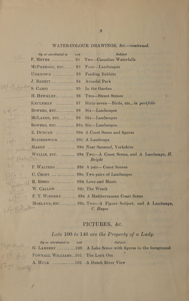 WATER-COLOUR DRAWINGS, &amp;c.—continued. By or attributed to LOT Subject Heo MVE. ce eects 9! Two—Canadian Waterfalls McCPHERSON, ETC....... 92 Four—Landscapes UNKNOWN. cecie pce 93 Feeding Rabbits J OANDITT id cise athe tee 94 Arundel Park Be CAMIPE hea kt sates 95 In the Garden Hi HewKkioys 2 fae 96 ‘T'wo—Street Scenes KEULEMAN (07 coe 97 Sixty-seven—Birds, etc., 2n portfolio BOWERS, ETC............ 98 Six—Landscapes MCLAREN, ETG;....%,..<. 99 Six—Landscapes BOWERS, HT. de ee 99a Six—Landscapes EK; DENcan? Sie 99p A Coast Scene and figures BEITHBRWIGK | A4ee.. 66 99c A Landscape PRY: oi oa rey irae 99p Near Sansend, Yorkshire WG GLE, SET i. cape. 99% Two—A Coast Scene, and A Landscape, H. Bright Fy WALTERS 2) ae 99r A pair— Coast Scenes Cs AGBOWTS, san tebe ote 99a Two pairs of Landscapes fi FE AIR WSO Pre tole. 99H Love and Music Wie GRRL Wry ons th carte 995 The Wreck Eo WipGERY 0 oy, 99k A Mediterranean Coast Scene MORLAND, ETC. ..:... . 99L Two—A Figure Subject, and A Landscape, C. Hayes PICTURES, &amp;c. Lots 100 to 146 are the Property of a Lady. By or attributed to LOT Subject. At, IUAMBERT’ v2.0 $2 cake 100 A Lake Scene with figures in the foreground POWNALL WILLIAMS..101 The Lock Out A ORLULER: tees eed 102 -A Dutch River View