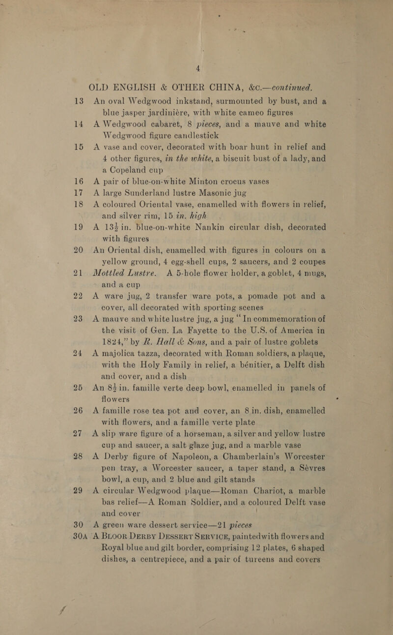 13 14 29 4 OLD ENGLISH &amp; OTHER CHINA, &amp;c.—continued. An oval Wedgwood inkstand, surmounted by bust, and a blue jasper jardiniére, with white cameo figures A Wedgwood cabaret, 8 pieces, and a mauve and white Wedgwood figure candlestick A vase and cover, decorated with boar hunt in relief and 4 other figures, 7n the white, a biscuit bust of a lady, and a Copeland cup A pair of blue-on-white Minton crocus vases A large Sunderland lustre Masonic jug A coloured Oriental vase, enamelled with flowers in relief, and silver rim, 15 22. high A 134in. blue-on-white Nankin circular dish, decorated with figures An Oriental dish, enamelled with figures in colours on a yellow ground, 4 egg-shell cups, 2 saucers, and 2 coupes Mottled Lustre. &lt;A 5-hole flower holder, a goblet, 4 mugs, and a cup A ware jug, 2 transfer ware pots, a pomade pot and a cover, all decorated with sporting scenes | A mauve and white lustre jug, a jug © In commemoration of the visit of Gen. La Fayette to the U.S. of America in 1824,” by &amp;. Hall &amp; Sons, and a pair of lustre goblets A majolica tazza, decorated with Roman soldiers, a plaque, with the Holy Family in relief, a bénitier, a Delft dish and cover, and a dish An 83in. famille verte deep bowl, enamelled in panels of flowers A famille rose tea pot and cover, an 8 in. dish, enamelled with flowers, and a famille verte plate A slip ware figure of a horseman, a silver and yellow lustre cup and saucer, a salt glaze jug, and a marble vase | A Derby figure of Napoleon, a Chamberlain’s Worcester pen tray, a Worcester saucer, a taper stand, a Sevres bowl, a cup, and 2 blue and gilt stands A circular Wedgwood plaque—Roman Chariot, a marble bas relief—A Roman Soldier, and a coloured Delft vase and cover ! Royal blue and gilt border, comprising 12 plates, 6 shaped dishes, a centrepiece, and a pair of tureens and covers
