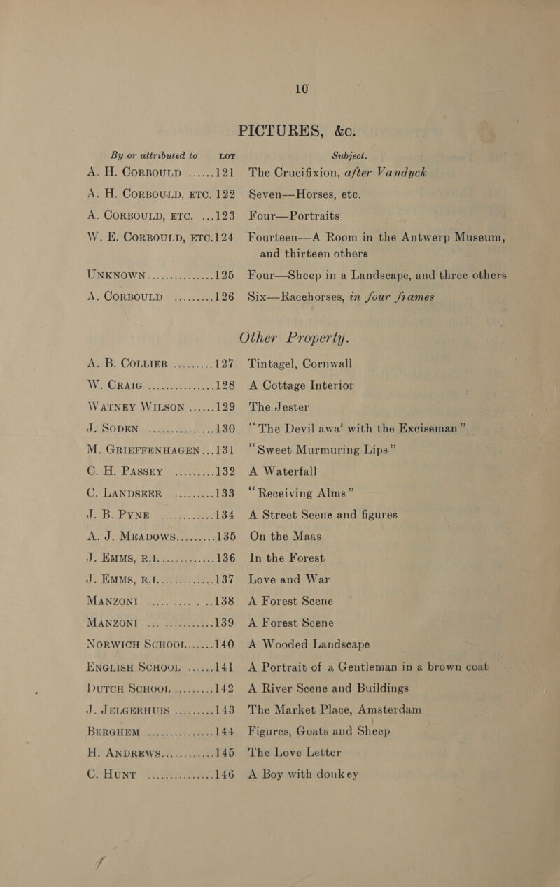 By or attributed to LOT A. H. CoRBOULD ...... 121 A. H. CorBoup, ETC. 122 A. CORBOULD, ETC. ...123 W. E. CoRBOULD, ETC.124 Pe! COLEEER vee. 5 127 IW GRAIG REG. vcore 128 WATNEY WILSON ...... 129 cP ODIN cepts fie, eens 130 M. GRIEFFENHAGEN...131 @. HOP ASGHY weer, 132 Cs GAN DSEER isi, 0, are 133 ef CR GEe Nit) eeeeiey, sees 134 A. J. MEADOWG6B......... 135 i (uM MS.) Bebe d atone kia J: HMMS, RAG Rei 137 MANZONI ..138 MANZONY. > cel d ler yeteee 139 NORWICH SCHOOL...... 140 ENGLISH SCHOOL ...... 141 DuTCH SCHOOL......... 142 J.J BLGRHHUSS -i5) ai 143 BERGHE Ms sind cot chen? 144 H. ANDREWS............ 145 CSA UND ii sine aa 146 10 Subject. The Crucifixion, after Vandyck Seven—Horses, ete. Four—Portraits Fourteen-—A Room in the Antwerp Museum, and thirteen others Six—Racehorses, zn four frames Tintagel, Cornwall A Cottage Interior The Jester “The Devil awa’ with the Exciseman ” “Sweet Murmuring Lips” A Waterfall “Receiving Alms” A Street Scene and figures On the Maas In the Forest Love and War A Forest Scene A Forest Scene A Wooded Landscape A Portrait of a Gentleman in a brown coat A River Scene and Buildings The Market Place, Amsterdam Figures, Goats and Sheep The Love Letter A Boy with doukey