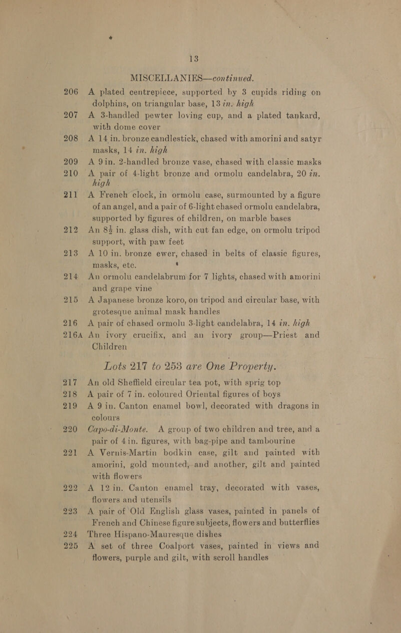 206 207 208 209 210 211 13 MISCELLANIES A plated centrepiece, supported by 3 cupids riding on dolphins, on triangular base, 13 7n. high  continued. A 3-handled pewter loving cup, and a plated tankard, with dome cover A 14 in. bronze candlestick, chased with amorini and satyr masks, 14 7n. high A 9in. 2-handled bronze vase, chased with classic masks A pair of 4-light bronze and ormolu candelabra, 20 zn. high A French clock, in ormolu case, surmounted by a figure of an angel, and a pair of 6-light chased ormolu candelabra, supported by figures of children, on marble bases An 84 in. glass dish, with cut fan edge, on ormolu tripod support, with paw feet A 10 in. bronze ewer, chased in belts of classic figures, masks, ete. ¢ An ormolu candelabrum for 7 lights, chased with amorini and grape vine A Japanese bronze koro, on tripod and circular base, with grotesque animal mask handles A pair of chased ormolu 3-light candelabra, 14 in. high An ivory crucifix, and an ivory group—Priest and Children Lots 217 to 253 are One Property. An old Sheffield circular tea pot, with sprig top A pair of 7 in. coloured Oriental figures of boys A 9in. Canton enamel bowl, decorated with dragons in colours Capo-di-Monte. A group of two children and tree, and a pair of 4in. figures, with bag-pipe and tambourine A Vernis-Martin bodkin case, gilt and painted with amorini, gold mounted, and another, gilt and painted with flowers A 12in. Canton enamel tray, decorated with vases, flowers and utensils French and Chinese figure subjects, flowers and butterflies Three Hispano-Mauresque dishes A set of three Coalport vases, painted in views and flowers, purple and gilt, with scroll handles