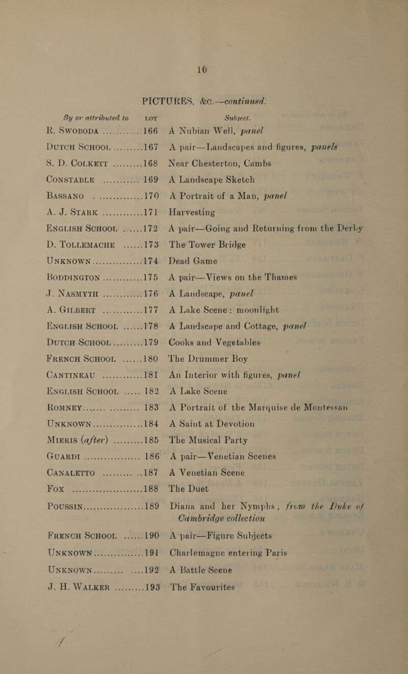 By or attributed to LOT R. SWonoma f= 166 DUTCH SCHOOL ...42.,% 167 S. Dy COUR EIT... 168 CONSTABLE .......00&gt; 169 BASSANO Ges acne... ee 170 Ade ARK oc... ee 171 ENGLISH SCHOOT. ......172 D. TOLLEMACHE ....4 173 UNKNOWN 265. 3h.5204 174 BODDINGTON 2:ccaee..-.. 175 J. NASMYTH ...... 99? 176 A GIGRERT =. ene 177 ENGLISH SCHOOL’ 0) ..u 178 DuTCH SCHOOL ......... 179 FRENCH SCHOOL ......180 CANTINGAIE M2}. .0427 181 ENGLISH SCHOOL ..... 182 LUOMN EY Prat Ce oe 183 UNKNOWNG eae. 2 184 MIerIs (after) ......... 185 GUARDI. are oe eee 186 GANALBTIUO\ gee 187 POR Ayers Boreas ee 188 POUBSINA averse 189 FRENCH SCHOOL ...... 190 UNKNOWN .............5. 19] UNKNOWN......... 192 Js. WALKER ~.cadec 193 Subject. A Nubian Well, pane A pair—Landscapes and figures, panels Near Chesterton, Cambs A Landscape Sketch A Portrait of a Man, panel Harvesting A pair—Going and Returning from the Derly The Tower Bridge Dead Game A pair—Views on the Thames A Landseape, panel A Lake Scene: moonlight A Landscape and Cottage, panel Cooks and Vegetables The Drummer Boy Aun Interior with figures, panel A Lake Scene A Portrait of the Marquise de Montessan A Saint at Devotion The Musical Party A pair—Venetian Scenes A Venetian Scene The Duet Diana and her Nymphs; from the Duke of Cambridge collection A pair—Figure Subjects Charlemagne entering Paris A Battle Scene The Favourites