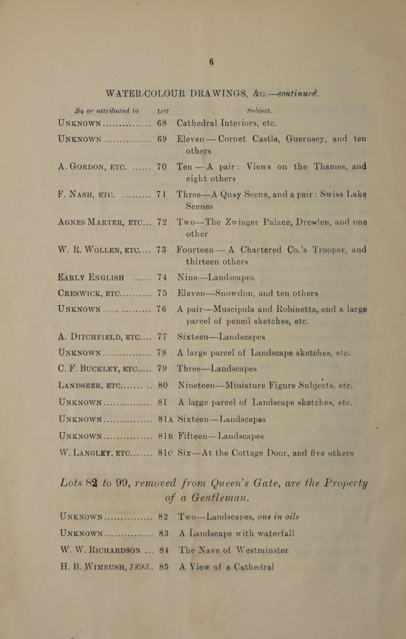 UNKNOWN ........ ee 68 DOWNENOWN ..3402535¢-2 28 69 A. GORDON, ETC. ...... 70 MONASH, BPC, isueeee LiL AGNES MARTER, ETC... 72 W. R. WoLLEN, ETO.... 73 EARLY ENGLISH ...... 74 CRESWICK, ETC.......... 75 1) NENO WN costs te on ee 76 A. DITCHFIEED, EDO: 77 UNENOWN oes aes 78 C. F. BUCKLEY, ETC..... 79 LANDSEER, ETC....... .. 80 UNKNGWIii ca ...2ee 81 UNKNOWN?®....cnege ote SLA UNKNOWN.G ce &lt;a S1B W. LANGLEY, ETC....... 81c Cathedral Interiors, ete. Eleven — Cornet Castle, Guernsey, and ten others Ten —A pair: Views on the Thames, and eight others Three—A Quay Scene, and a pair: Swiss Lake Seenes Two—The Zwinger Palace, Dresden, and one other Fourteen — A Chartered Co.’s Trooper, and thirteen others Nine—Landscapes Eleven—Snowdon, and ten others A pair—Muscipula and Robinetta, and a large parcel of pencil sketches, etc. Sixteen—Landscapes A large parcel of Landscape sketches, ete. Three—Landscapes Nineteen—Miniature Figure Subjects, etc. A large parcel of Landscape sketches, ete. Sixteen—lI.andscapes Fifteen — Landscapes UNKNOWN fotereie. cock 82 UNE NGWN to pees 83 W. W. RICHARDSON ... 84 H. B. Wimpusu, 1893.. 85 Two—Landscapes, one in orls A landscape with waterfall The Nave of Westminster A View of a Cathedral