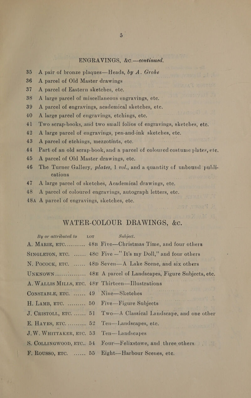 35 36 37 38 39 40 41 42 43 44 45 46 47 48 ENGRAVINGS, &amp;c.—continued. A pair of bronze plaques—Heads, by A. Grohe A parcel of Old Master drawings A parcel of Eastern sketches, etc. A large parcel of miscellaneous engravings, ete. A parcel of engravings, academical sketches, ete. A large parcel of engravings, etchings, etc. Two scrap-books, and two small folios of engravings, sketches, ete. A large parcel of engravings, pen-and-ink sketches, ete. A parcel of etchings, mezzotints, etc. 7 Part of an old scrap-book, and a parcel of coloured costume plates, ete. A parce! of Old Master drawings, etc. The Turner Gallery, plates, 1 vol., and a quantity of unbound publi- cations A large parcel of sketches, Academical drawings, ete. A parcel of coloured engravings, autograph letters, etc. WATER-COLOUR DRAWINGS, &amp;c. By or attributed to LOT Subject. AD NEAREERIETO. 35.65.55 488 Five—Christmas Time, and four others SINGLETON, ETC. ...-... 480 Five —“ It’s my Doll,” and four others NwRGcook, ETC. ....... 48D Seven—A Lake Scene, and six others UNKNOWN ...... a ae 48Bn A parcel of Landscapes, Figure Subjects, ete. CONSTABLE, ETC. ...... 49 Nine—Sketches HAAR. ETO. osc. 50 Five—Figure Subjects Aig J. CRISTOLL, ETC. ...... 51 T'wo—A Classical Landscape, and one other TA EAV ESET. ... 2.045. 52 'l’en—Landscapes, ete.  Landscapes