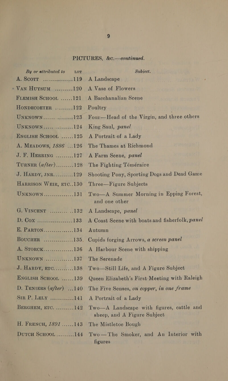 [Sey er 119 VASE UYSUM ocrc0e - a0 120 FLEMISH SCHOOL ...... 12d HONDECOETER ......... 122 MINOW . 2.02. ghey acc #23 OSS: 124 ENGLISH SCHOOL ...... 125 A. MEApDows, 1886 ...126 od, Pet ERRING ........, 127 TURNER (after)......... 128 J. HARDY, JNR.......... 129 HARRISON WEIR, ETC..130 RIPE DOWN 2)... ¢00.00... 131 CHAWENCHINCT SY. 05.01... 132 BOO IV). 251i 2 133 PPR ARTON occ s cs. ss: 134 Dl erin 135. Se 136 oO a a 137 Pe ARDY ro)... 138 ENGLISH SCHOOL ...... 139 D. Tenters (after) ...140 1 a a OG 141 BERGHEM, ETC. ......... 142 ht. FRENCH, 1897 ...;.. 143 DuTCH SCHOOL......... 144 A Landscape A Vase of Flowers A Bacchanalian Scene Poultry Four—Head of the Virgin, and eres others King Saul, panel A Portrait of a Lady The Thames at Richmond A Farm Scene, panel The Fighting Téméraire Shooting Pony, Sporting Dogs and Dead Game Three—Figure Subjects Two—A Summer Morning in Epping Forest, and one other A Landscape, panel A Coast Scene with boats and fisherfolk, panel Autumn Cupids forging Arrows, a screen panel A Harbour Scene with shipping The Serenade Two—Still Life, and A Figure Subject Queen Elizabeth’s First Meeting with Raleigh The Five Senses, on copper, in one frame A Portrait of a Lady Two—A Landscape with figures, cattle and sheep, and A Figure Subject The Mistletoe Bough Two—The Smoker, and An Interior with figures