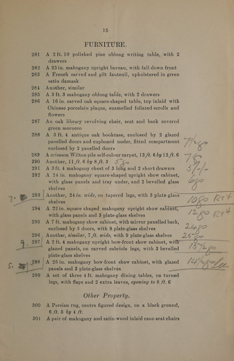 FURNITURE, 281 &lt;A 2ft.10 polished pine oblong writing table, with 2 drawers 282 A 23in. mahogany upright bureau, with fall-down front 283 A French carved and gilt fauteuil, upholstered in green satin damask 284 Another, similar 285 &lt;A 3ft.3 mahogany oblong table, with 2 drawers 286 &lt;A 16in. carved oak square-shaped table, top inlaid with Chinese porcelain plaque, enamelled foliated scrolls and flowers : 287 An oak library revolving chair, seat and back covered green morocco 288 A 3 ft. 4 antique oak bookcase, enclosed by 2 glazed panelled doors and cupboard under, fitted compartment enclosed by 2 panelled doors ) 289 A crimson Wilton pile self-colour carpet, 13,7. 6by12/t.6 —7 44 290 Another, 1174.6 by8ft.3 JF Ce / | bv 291 &lt;A 3ft. 4 mahogany chest of 3 long and 2 short drawers 44 Zz 292 A 24 in. mahogany square-shaped upright show cabinet, with glass panels and tray under, and 2 bevelled glass eS ; shelves 293 | Another, monet 24in. wide, on tapered legs, with 3 plate-glass 294 A 22 with glass panels and 3 plate-glass shelves 295 A 7 ft. mahogany show cabinet, with mirror panelled back, enclosed by 3 doors, with 9 plate-glass shelves 296 | Another, simzlar, 7 ft. wide, with 9 plate-glass shelves PS ay 297) A 2 ft. 4 vane upright bow-front show cabinet, with 3° —— glazed panels, on carved cabriole legs, with 3 bevelled plate-glass shelves : ¢ A 25in. mahogany bow-front show cabinet, with glazed /&lt; * we panels and 3 plate-glass shelves | 299 &lt;A set of three 4 ft. mahogany dining. tables, on fivhed legs, with flaps and 2 extra leaves, opening to 8 ft. 6 298 | | Other Property. 300 A Persian rug, centre figured design, on a black ground, 6 ft. 5 by 4 ft. 301 A pair of mahogany and satin-wood inlaid cane-seat chairs