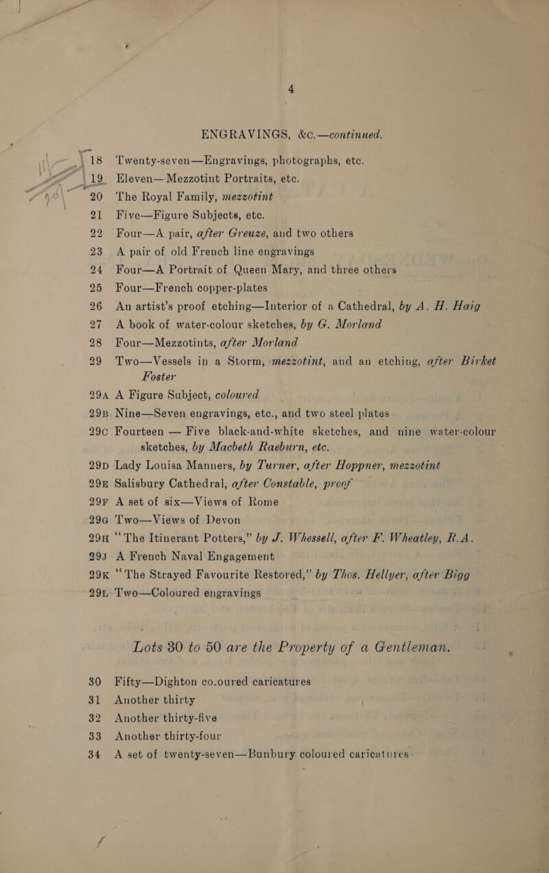 30 31 32 33 34 ENGRAVINGS, &amp;¢.—continued. Twenty-seven—Engravings, photographs, etc. Eleven— Mezzotint Portraits, etc. The Royal Family, mezzotint Five—Figure Subjects, ete. Four—A pair, after Greuze, and two others A pair of old French line engravings Four—A Portrait of Queen Mary, and three others Four—French copper-plates An artist’s proof etching—lInterior of a Cathedral, by A. H. Haig A book of water-colour sketches, by G. Morland Four—Mezzotints, after Morland Two—Vessels in a Storm, :mezzotint, and an etching, after Birket Foster A Figure Subject, coloured Nine—Seven engravings, etc., and two steel plates Fourteen — Five black-and-white sketches, and nine water-colour sketches, by Macbeth Raeburn, etc. Lady Louisa Manners, by Turner, after Hoppner, mezzotint Salisbury Cathedral, after Constable, proof A set of six—Views of Rome Two—Views of Devon “The Itinerant Potters,” by J. Whessell, after F. Wheatley, R.A. A French Naval Engagement “The Strayed Favourite Restored,” by Thes. Hellyer, after Bigg Two—Coloured engravings Lots 80 to 50 are the Property of a Gentleman. Fifty—Dighton co.oured caricatures Another thirty Another thirty-five Another thirty-four A set of twenty-seven—Bunbury coloured caricatures