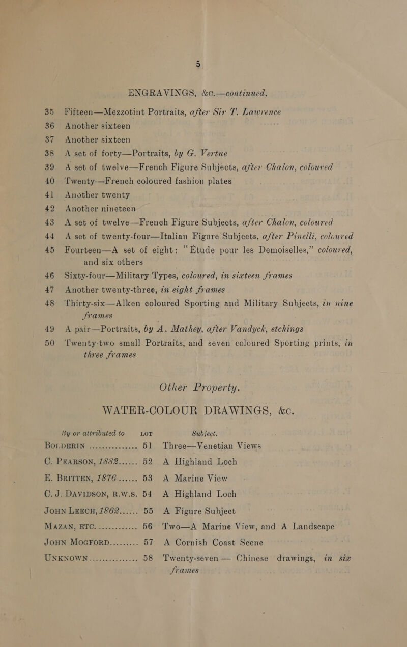 35 36 37 38 39 40 41 42 43 44 45 46 47 48 49 50 ENGRAVINGS, &amp;c.—continued. Kifteen—Mezzotint Portraits, after Sir 7. Lawrence Another sixteen 7 Another sixteen A set of forty—Portraits, by G. Vertue A set of twelve—French Figure Subjects, after Chalon, coloured Twenty—French coloured fashion plates Another twenty Another nineteen A set of twelve-——French Figure Subjects, after Chalon, coloured A set of twenty-four—lItalian Figure Subjects, after Pinelli, coloured Fourteen—A set of eight: “Etude pour les Demoiselles,” coloured, and six others Sixty-four— Military Types, coloured, in sixteen frames Another twenty-three, 7n eght frames Thirty-six—Alken coloured Sporting and Military Subjects, 7n nine Srames | A pair—Portraits, by A. Mathey, after Vandyck, etchings Twenty-two small Portraits, and seven coloured Sporting prints, 77 three frames Other Property. WATER-COLOUR DRAWINGS, é&amp;c. By or attributed to LOT Subject. TA RE ee fetes a os «Laine 51 Three—Venetian Views C. PEARSON, 1882...... 52 A Highland Loch I Baia S76. :..... 53 A Marine View C. J. DAVIDSON, R.W.S. 54 A Highland Loch JOHN LEECH, /862...... 55 &lt;A Figure Subject MIATA IMEC. cise ics ce 56 Two—A Marine View, and A Landscape JOHN MOGFORD......... 57 A Cornish Coast Scene MIM EWOWN «20.6.5. ns. od 58 ‘Twenty-seven — Chinese drawings, in six Srames