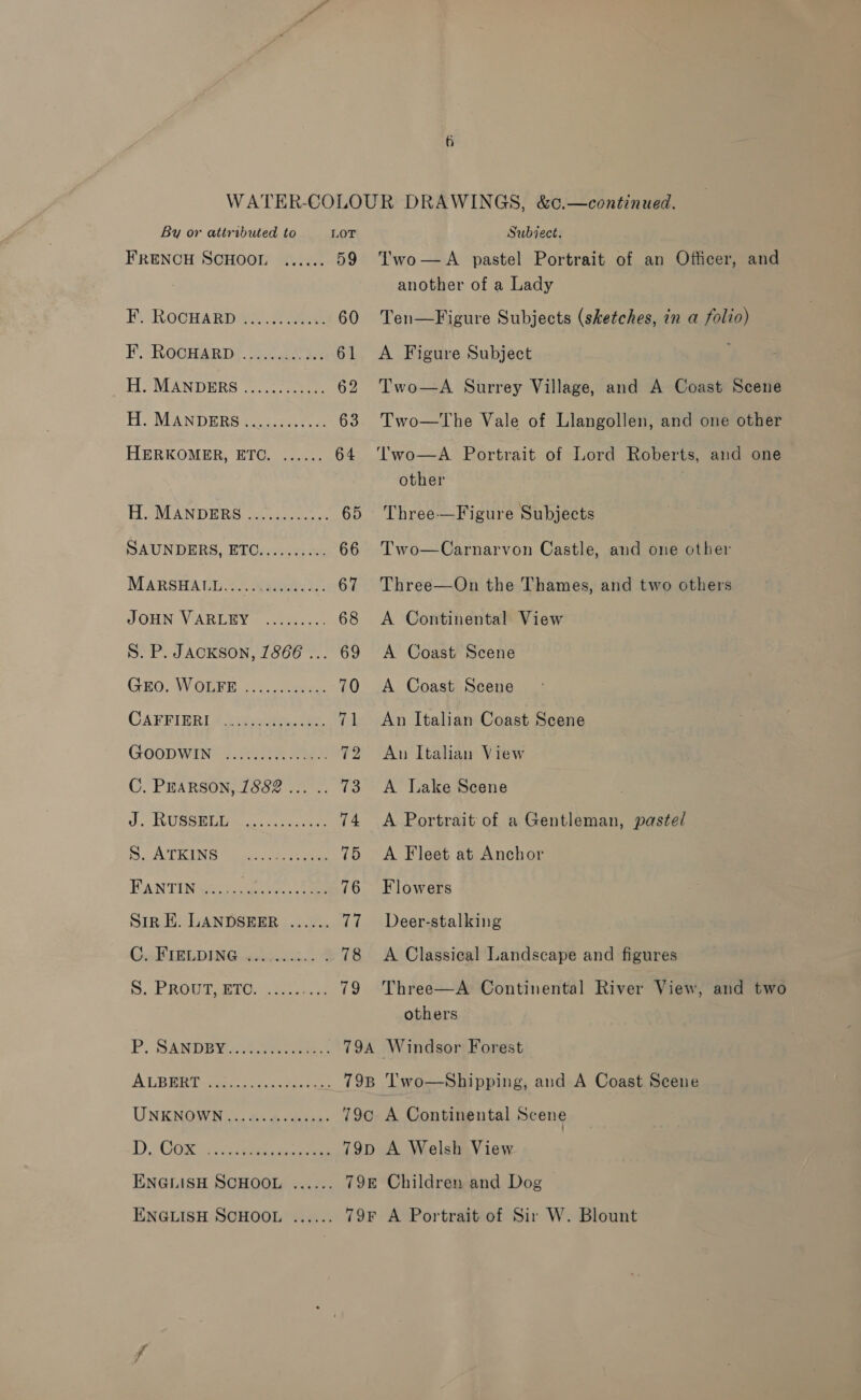 FRENCH SCHOOL ...... 59 FF. ROCHARDAY.. Se. 60 F. ROGHARD: fee ee 61 HS MEANDERS J2.5.. che 62 Hi. MANDERS Yo 63 HERKOMER, ETC. ...... 64 E.weLANDERS oc nese. 65 SAUNDERS, ETC.......... 66 MARSHALL..... aeeke: 67 JOHN. VARLEY~ .2748&lt;2.. 68 S. P. JAcKson, 1866... 69 Gio) WOR. 2) = cea, 70 CAPPIBRIM beech de 71 GOODWIN ta es ip C. PEARSON, 1882... .. TS aD EVO SEMAN theca. on tg ee 74 voit We | meal any fe 75 RANTING saan: ee 76 Sir EH. LANDSEER ...... 7p | G.cPIRL DING «sk: = 7s SF BOC mr: cae tos 79 P: SANDEY «Ae ee T9A AUB RGT- wha oo rcs T9B UNENOWN |. %: 4. dasa: 79C D,; COR cities 79D ENGLISH SCHOOL ...... T9E ENGLISH SCHOOL ...... T9F Two—A pastel Portrait of an Officer, and another of a Lady Ten—Figure Subjects (sketches, in a folio) A Figure Subject Two—A Surrey Village, and A Coast Scene Two—The Vale of Llangollen, and one other Two—A Portrait of Lord Roberts, and one other Three—Figure Subjects Two—Carnarvon Castle, and one other Three—On the Thames, and two others A Continental View A Coast Scene A Coast Scene An Italian Coast Scene Aun Italian View A Lake Scene A Portrait of a Gentleman, pastel A Fleet at Anchor Flowers Deer-stalking A Classical Landscape and figures Three—A Continental River View, and two others Windsor Forest Two—Shipping, and A Coast Scene  A Continental Scene A Welsh View Children and Dog A Portrait of Sir W. Blount