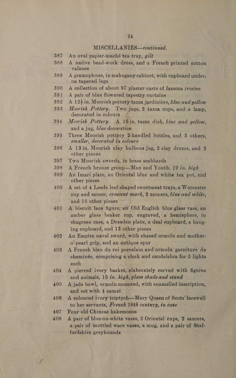 401 402 403 404 405 406 407 408 24 MISCELLANIES—continued. An oval papier-maché tea tray, gilt A native bead-work dress, and a French printed cotton valance A gramophone, in mahogany cabinet, with cupboard under, on tapered legs A collection of about 97 plaster casts of famous ivories A pair of blue flowered tapestry curtains A 124in. Moorish pottery tazza jardiniére, blue and yellow Moorish Pottery. Two jugs, 2 tazza cups, and a lamp, decorated in colours Moorish Pottery. A 16in. tazza dish, blue and yellow, and a jug, blue decoration | Three Moorish pottery 2-handled bottles, and 3 others, smaller, decorated in colours A 13in. Moorish clay bulbous jug, 2 clay drums, and 2 other pieces Two Moorish swords, in brass secabbards A French bronze group—Man and Youth, 19 in. high An Imari plate, an Oriental blue and white tea pot, and other pieces A set of 4 Leeds leaf-shaped sweetmeat trays, a Worcester cup and saucer, crescent mark, 2 saucers, blue and white, and 15 other pieces A biscuit lace figure, an Old English blue glass vase, an amber glass beaker cup, engraved, a hemisphere, in shagreen case, a Dresden plate, a deal cupboard, a hang- ing cupboard, and 13 other pieces An Empire naval sword, with chased ormolu and mother- o’-pearl grip, and an antique spur A French bleu du roi porcelain and ormolu garniture de cheminée, comprising a clock and candelabra for 5 lights each A pierced ivory basket, elaborately carved with figures and animals, 15 in. high, glass shade and stand A jade bowl, ormolu mounted, with enamelled inscription, and set with 4 camei A coloured ivory triptych—Mary Queen of Scots’ farewell to her servants, French 18th century, in case Four old Chinese kakemonos A pair of blue-on-white vases, 2 Oriental cups, 2 saucers, a pair of mottled ware vases, a mug, and a pair of Staf- fordshire greyhounds -