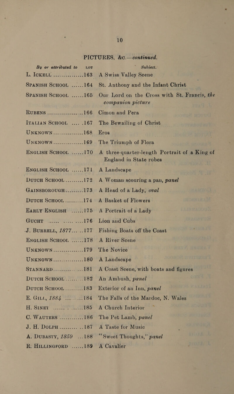 By or attributed to Lor L. IOKELULGUER a Le 163 SPANISH SCHOOL ...... 164 SPANISH SCHOOL ...... 165 RUBENS 3 3 eee 166 ITALIAN SCHOOL .... . 167 UNKNOWNs2.. oe 168 UNKNOWNUCG ed ee 169 ENGLISH SCHOOL ...... 170 ENGLISH SCHOOL ...... 171 DuTCH SCHOOL......... 172 GAINSBOROUGH......... 173 DUTCH SCHOOL......... 174 EARLY ENGLISH ...... 175 GOUGHT “1. IOUS Se, 176 JE BUORREUE, 1877 sess, 177 ENGLISH SCHOOL ...... 178 UNKNOWD =. cas - oe 179 UNKNOWN ke 180 STANNARD2 «..449) oe 181 DUTCH SCHOOL. 182 DutTCH SCHOOL ......... 183 BR. Gibtegso4 ae ee 184 H. SINEi? cece ee oe 185 COW AUTH. tae ee 186 J: DOLPH S722 5 ee 187 A. DuBASTY, 1859 _ ...188 R. HILLINGFORD ....., 189 Subject. A Swiss Valley Scene St. Anthony and the Infant Christ Our Lord on the Cross with St. Francis, the companion picture Cimon and Pera The Bewailing of Christ Eros The Triumph of Flora A three-quarter-length Portrait of a King of England in State robes A Landscape A Woman scouring a pan, panel A Head of a Lady, oval A Basket of Flowers A Portrait of a Lady Lion aud Cubs Fishing Boats off the Coast A River Scene The Novice A Landscape A Coast Scene, with boats and figures An Ambush, panel Exterior of an Inn, panel The Falls of the Mardoc, N. Wales A Church Interior The Pet Lamb, panel A Taste for Music “Sweet Thoughts,” panel A Cavalier
