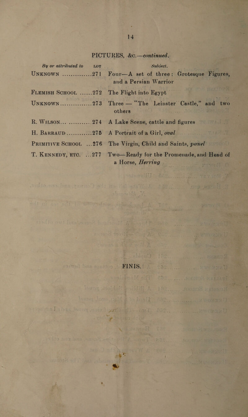 UNKNOWN .............. FLEMISH SCHOOL ...... TPRBROWN 20... PRIMITIVE SCHOOL T. KENNEDY, ETO. 14 271 272 273 274 275 Four—A set of three: Grotesque Figures, and a Persian Warrior The Flight into Egypt Three — “The Leinster Castle,” and two others A Lake Scene, cattle and figures A Portrait of a Girl, oval The Virgin, Child and Saints, panel Two— Ready for the Promenade, and Head of a Horse, Herring FINIS.
