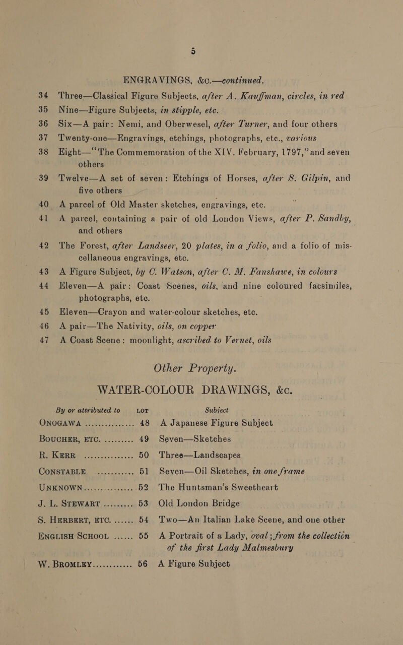 34 35 Nine—Figure Subjects, zn stipple, etc. 36 Six—A pair: Nemi, and Oberwesel, after Turner, and four others 37 'Twenty-one—Engravings, etchings, photographs, etc., various 38 HKight—‘The Commemoration of the XIV. February, 1797,” and seven others 39 Twelve—A set of seven: Etchings of Horses, after S. Gilpin, and five others 40 A parcel of Old Master sketches, engravings, ete. 41 A parcel, containing a pair of old London Views, after P. Sandby, and others 42 The Forest, after Landseer, 20 plates, ina folio, and a folio of mis- cellaneous engravings, etc. 43 &lt;A Figure Subject, by C. Watson, after C. M. Fanshawe, tn colours 44 leven—A pair: Coast Scenes, oz/s, and nine coloured facsimiles, photographs, etc. | 45 Hleven—Crayon and water-colour sketches, etc. 46 A pair—The Nativity, oz/s, on copper 47 A Coast Scene: moonlight, ascribed to Vernet, ovls Other Property. WATER-COLOUR DRAWINGS, &amp;c. By or attributed to LOT Subject ONOGAWA .........-..--. 48 A Japanese Figure Subject BoucHER, ETC. ......... 49 Seven—Sketches eo! 50 Three—Landscapes ONG RADL E02). .i.-0o 51 Seven—Oil Sketches, zn one frame UNKNOWN............... 52 The Huntsman’s Sweetheart JRL STEWART: ices -: 53 Old London Bridge SUELERBERT, ETC. i... 54 Two—An Italian Lake Scene, and one other ENGLISH SCHOOL ...... 55 &lt;A Portrait of a Lady, oval; from the collection | | ENGRAVINGS, &amp;c.—continued. Three—Classical Figure Subjects, after A. Kauffman, circles, in red of the first Lady Malmesbury