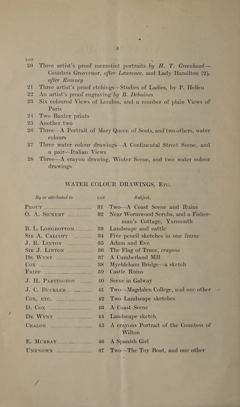 20 Three artist’s proof mezzotint portraits by H. T. Greenhead— Countess Grosvenor, after Lawrence, and Lady Hamilton (2), after Romney 21 Three artist’s proof etchings—Studies of Ladies, by P. Helleu 2 An artist’s proof engraving by B. Debaines 23 Six coloured Views of London, and a number of plain Views of Paris 24 Two Baxter prints 25 Another two 26 Three—A Portrait of Mary Queen of Scots, and two others, water colours ; i Three water colour drawings—A Continental Street Scene, and a pair—lItalian Views 28 Three—A crayon drawing, Winter Scene, and two water colour drawings WATER COLOUR DRAWINGS, Etc. By or atiributed to LOT Subject. PROUT tree eee 31 Two—A Coast Scene and Ruins O. A. SICKERT Seer 32 Near Wormwood Scrubs, and a Fisher- man’s Cottage, Yarmouth R. L. LONGBoTTOm............ 33 Landscape and cattle SIR AY @SLCOMrT 4.475 ee 34 Five pencil sketches in one frame J? Ke GIN TON anes 35 Adam and Eve Stud . GIN TON nto eee 36 The Flag of Truce, crayons DRAW YN ae eee 37 A Cumberland Mill BORS ~:.. eat eee eee: 38 Mychleham Bridge—a sketch BE RIPP gigas eee 39 Castle Ruins J, H. PARTINGION “fa. 40 Scene in Galway J:/C. Buca. tee 41 'Two—Magdalen College, and one other GG FETC. ee ae. tee: 42 'Two Landscape sketches DAC OS oe), gerne itera 43 A Coast Scene DESY SN Upc sh. Ae 44 Landscape sketch CRALON I et pee 45 A crayons Portrait of the Countess of Wilton Bia Moniety pac wred ce. 46 A Spanish Girl NENG WN? Asse cee. 47 Two—The Toy Boat, and one other