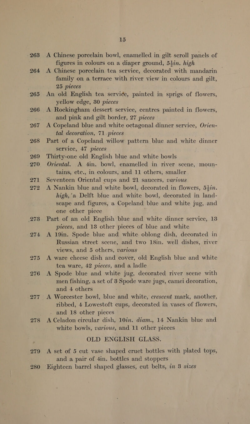 263 264 277 279 15 A Chinese porcelain bowl, enamelled in gilt scroll panels of figures in colours on a diaper ground, 54in. high A Chinese porcelain tea service, decorated with mandarin — family on a terrace with river view in colours and gilt, 25 pieces An old English tea service, painted in sprigs of flowers, yellow edge, 30 pteces A Rockingham dessert service, centres painted in flowers, and pink and gilt border, 27 pieces A Copeland blue and white octagonal dinner service, Orien- tal decoration, 71. pieces Part of a Copeland willow pattern blue and white dinner service, 47 pieces Thirty-one old English blue and white bowls Oriental. A 4in. bowl, enamelled in river scene, moun- tains, etc., in colours; and 11 others, smaller Seventeen Oriental cups and 21 saucers, various A Nankin blue and white bowl, decorated in flowers, 5}7n. high,’a Delft blue and white bowl, decorated im land- scape and figures, a Copeland blue and white jug, and one other piece Part of an old English blue and white dinner service, 13 pieces, and 18 other pieces of blue and white A 19in. Spode blue and white. oblong dish, decorated in Russian street scene, and two 18in. well dishes, river views, and 5 others, various A ware cheese dish and cover, old English blue and white tea ware, 42 pieces, and a ladle A Spode blue and white jug, decorated river scene with men fishing, a set of 8 Spode ware jugs, camei decoration, and 4 others A Worcester bowl, blue and white, crescent mark, another, ribbed, 4 Lowestoft cups, decorated in vases of flowers, and 18 other pieces A Celadon circular dish, 10in. diam., 14 Nankin blue and white bowls, various, and 11 other pieces OLD ENGLISH GLASS. A set of 5 cut vase shaped cruet bottles with plated tops, and a pair of 4in. bottles and stoppers