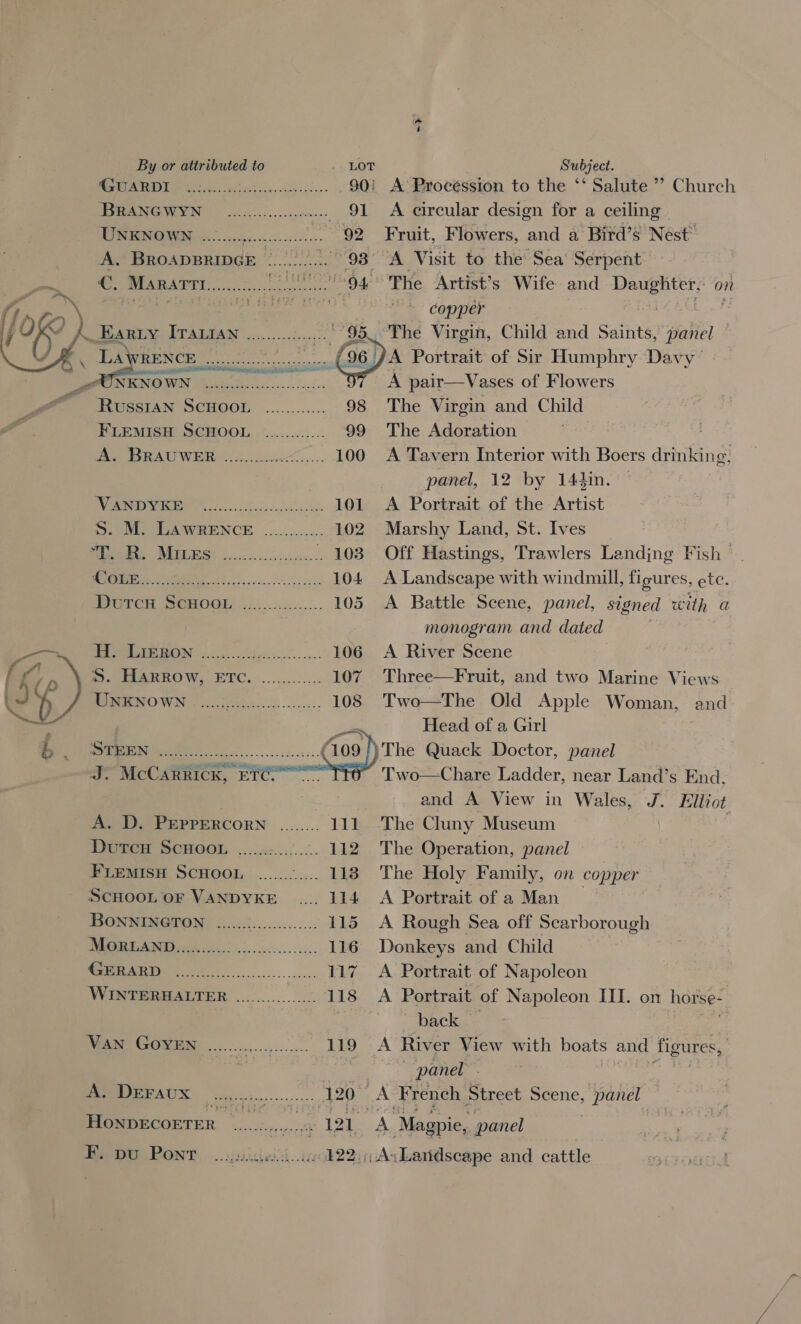 =     By or attributed to 1, LOT Subject. SN Sy 90: A Procéssion to the ‘‘ Salute ’? Church CEA WCE NG 52.2... nc aines- 91 A circular design for a ceiling 3 eS he 92 Fruit, Flowers, and a Bird’s Nest A. BRoADBRIDGE ............ 93° A Visit to the Sea‘ Serpent > C. MARATT scenes OM The Artist’s Wife and Danghtrt on flo i a, ak Opps . (og) ‘ A _Earty Ivarian .. 95.-'The Virgin, Child and Saints, panel . La RENCE... iret: .......... (96 ZA Portrait of Sir Humphry Davy ’ NKNOWN ...... Be 2 A pair—Vases of Flowers Bee can ScHooL The Virgin and Child FLEMISH SCHOOL. ............ 99 The Adoration Pe BRA WEEN Sul aerm..... 100 A Tavern Interior with Boers drinking, panel, 12 by 144in. (ey 5 60) i re 101. A Portrait of the Artist Mee Me AWRENCE ........... 102 Marshy Land, St. Ives Rie WEIL IOSY bcc: os civis.- . 103 Off Hastings, Trawlers Landjng Fish © Coo 9 ne eee 104 A Landscape with windmill, fi gures, ete. POUTOH SOMOGE . 0 ..2cc..:, 105 A Battle Scene, panel, signed with a monogram and dated oS oS i 106 A River Scene 8 (1 he I. ARROW. ETC. .......:.. 107 Three—Fruit, and two Marine Views YW 4 MPIONOWN 261. doctc ck -c..... 108 Two—The Old Apple Woman, and Peeve | Se Head of a Girl The Quack Doctor, panel Two—Chare Ladder, near Land’s End. and A View in Wales, J. Elliot OT 2 { jel RL SAS: miatacte J. McCarrick, ETC. ASD. PEPPERCORN ........ 111 The Cluny Museum DUTCH SCHOOL «02... i atbilgee (E be Operation, panel — FLEMISH SCHOOL ....... .... 118 The Holy Family, on copper ScHoo, or VANDYKE .... 114 A Portrait of a Man _ BONNINGTON ......).00.0000..... 115 <A Rough Sea off Scarborough Cc 116 Donkeys and Child NS 117. A Portrait of Napoleon WINTERHALTER ..............5 118 A Portrait of Napoleon III. on horse- | back — ME GOMBM) 2.2... 140°; A River View with boats and Aigures, zs panel . PIEPAUK «vn. v inp... 120 ; A French Street Scene, ieee HONDECOETER .......,,....:¢ 121, A Magpie, panel F. pu Pont geaeched dat 122, ;, A; Landscape and cattle