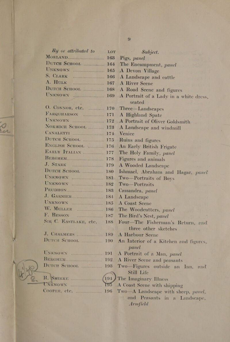 9 By ov attributed to LOT | Subject. MOREAND 285d): 1683 Pigs, panel Doves SOHOOG «.2:...c00...:- 164 The Encampment, panel PORRNOWN 3. ..005s. oy 165 A Devon Village Oe AME ok noe. esis 166 A Landscape and cattle eLUE Re oo, Sa 167 A River Scene Dorcn Semoor. 22.0.0... 168 A Road Scene and figures MBER NO WN Jig hrohcs.. 169 A Portrait of a Lady in a white dress, es 3 seated O.-Connor, ete. 0.0.00: 170 Three—Landscapes FAHQUHARSON (..5..00....-.. 171 A Highland Spate MINEO WN) oats andes 172 A Portrait of Oliver Goldsmith NORWICH SCHOOL ............ 173° A Landscape and windmill 2S 5 1 5 a ee 174 Venice Durcnw Scwoor 2............ 175 Ruins and figures ENGLISH SCHOOL ............. 176 An Early British Frigate PUARGYOPPALIAN 3..205.....:, 177 The Holy Family, panel PORTO A Mie file. 178 Figures and animals Br AR ete e 58h, 5, 179 A Wooded Landscape Diwrcw SCHOOL | ).-..00...... 180 Ishmael, Abraham and Hagar. panel MURIGWIN o.oo sens cceeeass: 181 Two—Portraits of Boys MSR NOWN yoo. 182. Two—Portraits BIUON o.oo cbesisahs: 183 Cassandra, panel UA 184 A Landscape RieNOWN ood. 185 A Coast Scene UP ORLE T&amp;S... cscs 186 The Woodcutters, panel PEE CSOM os... als 187 The Bird’s Nest, panel Four—The Fisherman’s Return, end _ three other sketches A Harbour Scene An Interior of a Kitchen and figures, panel A Portrait of a Man, panel A River Scene and peasants Two  Figures outside an Inn, and Still Life The Imaginary [ness A Coast Scene with shipping Two—A Landscape with sheep, panel. and Peasants in a Landscape. Armfield   UNKNOWN 