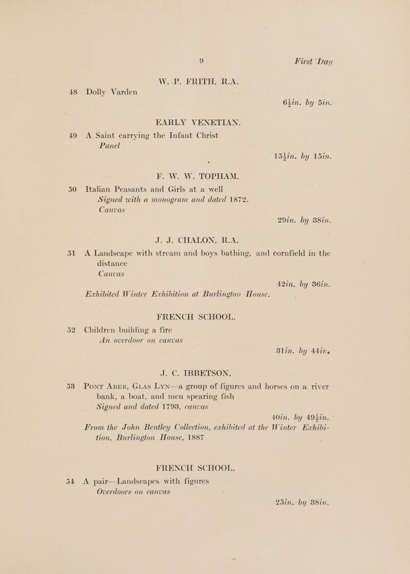 48 49 Oe bo dA 9 First “Day W..P. FRITH, R.A. Dolly Varden | : 64in. by 5in. EARLY VENETIAN. A Saint carrying the Infant Christ Panel ‘154in. by 15in. F. W. W. TOPHAM. Italian Peasants and Girls at a well Signed with a monogram and dated 1872. Canvas 29in. by 38in. J. J. CHALON, R.A. A Landscape with stream and boys bathing, and cornfield in the distance Canvas 42in. by 36in. Exhibited Winter Exhibition at Burlington House. FRENCH SCHOOL. Children building a fire An overdoor on canvas Blin. by 441M J. C. IBBETSON. Pont ABER, GLAS Lyn—a group of figures and horses on a river bank, a boat, and men spearing fish Signed and dated 1798, canvas 40in. by 495in. - From the John Bentley Collection, exhibited at the Winter Eahibi- tion, Burlington House, 1887 FRENCH SCHOOL. A pair—Landscapes. with figures Overdoors on canvas 25in.: by 38in.