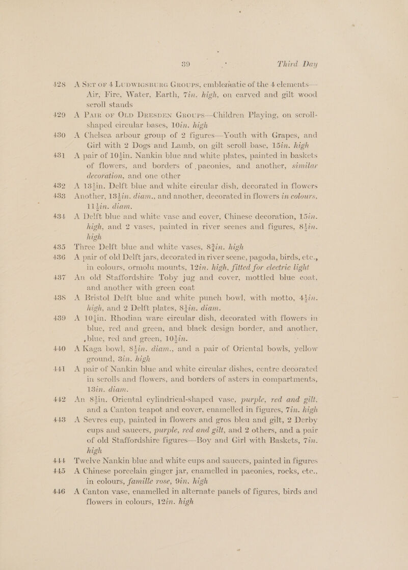 441 44.2 443 AAA 445 ALO 39 3 Pahl Third Day Air, Fire, Water, Earth, 7in. high, on carved and gilt wood scroll stands A Parr or Otp DRESDEN Groups—Children Playing, on scroll- shaped circular bases, 10in. high A Chelsea arbour group of 2 figures—Youth with Grapes, and Girl with 2 Dogs and Lamb, on gilt scroll base, 15in. high A pair of 103in. Nankin blue and white plates, painted in baskets of flowers, and borders of ,paeonies, and another, similar decoration, and one other A 13hin. Delft blue and white circular dish, decorated in flowers Another, 1347. diam., and another, decorated in flowers tn colours, Lisin. diam. A Delft blue and white vase and cover, Chinese decoration, L5in. high, and 2 vases, painted in river scenes and figures, 84in. high . Three Delft blue and white vases, 83in. high A pair of old Delft jars, decorated in river scene, pagoda, birds, etc., in colours, ormolu mounts, 12¢n. high, fitted for electric light An old Staffordshire Toby jug and cover, mottled blue coat, and another with green coat A Bristol Delft blue and white punch bowl, with motto, 432. high, and 2 Delft plates, 8iin. diam. A 104in. Rhodian ware circular dish, decorated with flowers in blue, red and green, and black design border, and another, - blue, red and green, 1040n. | A Kaga bowl, 8hin. diam., and a pair of Oriental bowls, yellow eround, 37n. high A pair of Nankin blue and white circular dishes, centre decorated in scrolls and flowers, and borders of asters in compartments, 13in. diam. An 8lin. Oriental cylindrical-shaped vase, purple, red and gilt, and a Canton teapot and cover, enamelled in figures, Tin. high A Sevres cup, painted in flowers and gros bleu and gilt, 2 Derby cups and saucers, purple, red and gilt, and 2 others, and a pair of old Staffordshire figures—Boy and Girl with Baskets, Tin. high Twelve Nankin blue and white cups and saucers, painted in figures A Chinese porcelain ginger jar, enamelled in paeonies, rocks, etc., in colours, famille rose, 9in. high A Canton vase, enamelled in alternate panels of figures, birds and flowers in colours, 12in. high