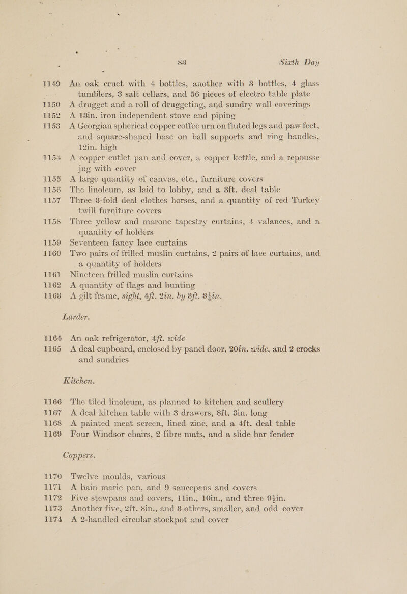 1149 An oak cruet with 4 bottles, another with 3 bottles, 4 glass ee tumblers, 3 salt cellars, and 56 pieces of electro table plate 1150 A drugget and a roll of druggeting, and sundry wall coverings 1152 A 138in. iron independent stove and piping 1158 A Georgian spherical copper coffee urn on fluted legs and paw feet, and square-shaped base on ball supports and ring handles, 12in. high 1154 <A copper cutlet pan and cover, a copper kettle, and a repousse jug with cover 1155 A large quantity of canvas, etc., furniture covers 1156 The linoleum, as laid to lobby, and a 3ft. deal table 1157 ‘Three 3-fold deal clothes horses, and a. quantity of red: Turkey twill furniture covers 1158 Three yellow and marone tapestry curtains, 4 valances, and a quantity of holders 1159 Seventeen fancy lace curtains 1160 Two pairs of frilled muslin curtains, 2 pairs of lace curtains, and a quantity of holders | 1161 Nineteen frilled muslin curtains 1162 <A quantity of flags and bunting 1163 A gilt frame, sight, 4ft. 20. by 3ft. 3h. Larder. 1164 An oak refrigerator, 4ft. wide 1165 A deal cupboard, enclosed by panel door, 20in. wide, and 2 crocks and sundries Kitchen. 1166 The tiled linoleum, as planned to kitchen and scullery 1167 A deal kitchen table with 3 drawers, 8ft. 3in. long 1168 <A painted meat screen, lined zinc, and a 4ft. deal table 1169 Four Windsor chairs, 2 fibre mats, and a slide bar fender Coppers. 1170 Twelve moulds, various 1171 A bain marie pan, and 9 saucepans and covers 1172 Five stewpans and covers, 1lin., 10in., and three 94in. 1173 Another five, 2ft. 8in., and 8 others, smaller, and odd cover 1174 A 2-handled circular stockpot and cover |