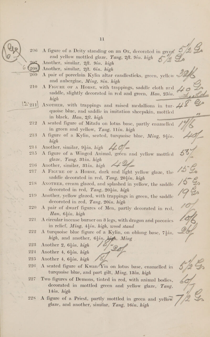 206 A figure of a Deity standing on an Ox, decorated in ao DLL ot and yellow mottled glaze, Tang, 2ft. Dn. high oy J (gi Another, similar, 2ft. 9in. high ak, ahies 208) Another, similar, 2ft. 6in. high te 209 A pair of porcelain Kylin altar candlesticks, green, yellow wee and aubergine, Ming, 8in. high 210 A FicurEe or A Horse, with trappings, saddle cloth ard Kf om saddle, slightly decorated in red and green, Han, 25in. — wef holes high ee eee \2o11\ ANOTHER, with trappings and _ raised pedals | in tur- Ps &amp; pe quoise blue, and saddle in imitation sheepskin, mottled in black, Han, 2ft. high en 212 A seated figure of Mitafu on lotus base, partly enamelled 4d, &lt; in green and yellow, Tang, 1lin. high “¢ 213 A figure of a Kylin, seated, turquoise blue, Ming, 94in. Fed) high PA 214 Another, similar, 94in. high AG ) e. 215 A figure of a Winged Animal, gréen and yellow mottled Ley glaze, Tang, 31in. high a a 216 Another, similar, 8lin. high Kh - YA         217 A Ficure oF A Horse, dark and light yellow glaze, the “ Z saddle decorated in red, Tang, 204in. high , 67 Se 218 ANOTHER, cream glazed, and splashed in yellow, the saddle rh td decorated in red, Tang, 20}in. high | [9 oy 219 Another, yellow glazed, with trappings in green, the saddle fi 2e4 decorated in red, Tang, 20in. high - spr vA 220 A pair of dwarf figures of Men, partly decorated in red, “ a = Han, 64in. high | | Jot 221 A circular incense burner on 8 legs, with dragon and paeonies #% in relief, Ming, 44in. high, wood stand Dh 222 &lt;A turquoise blue figure of a = on oblong base, 74in. —' - high, and another, 64in. , | 223 Another 2, 64in. high a2 224 Another 4, 64in. high oe 5 I 225 Another 4, 64in. high SEL, 4,0 J 226 A seated figure of Kwan Win on lotus base, enamelled in g jae A turquoise blue, and part gilt, Ming, 13in. high 4   227 Two figures of Demons, tinted in red, with animal bodies, decorated in mottled green and yellow glaze, Tang. aoe = 14in. high Ph WY oO 228 A figure of a Priest, partly mottled in green and yellow pits O&gt; glaze, and another, similar, Tang, 16in. high