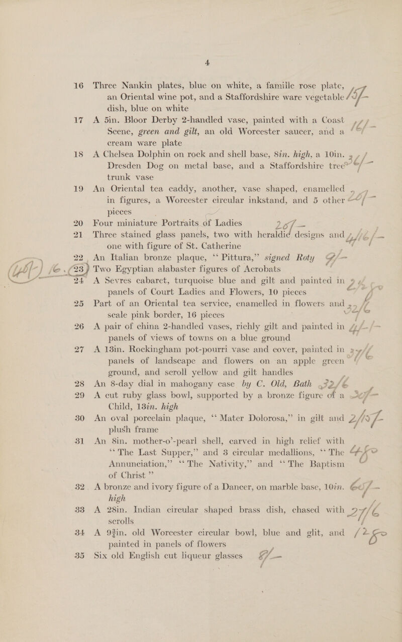17 18  ol 4 a i dish, blue on white cream ware plate trunk vase aa pieces Lae Four miniature Portraits. bf Ladies one with figure of St. Catherine scale pink border, 16 pieces &amp;= Pp ae Child, 18in. high plush frame Annunciation,” ‘* The Nativity,” of-Christ’”’ high serolls and # painted in panels of flowers Six old English cut lqueur glasses Ce