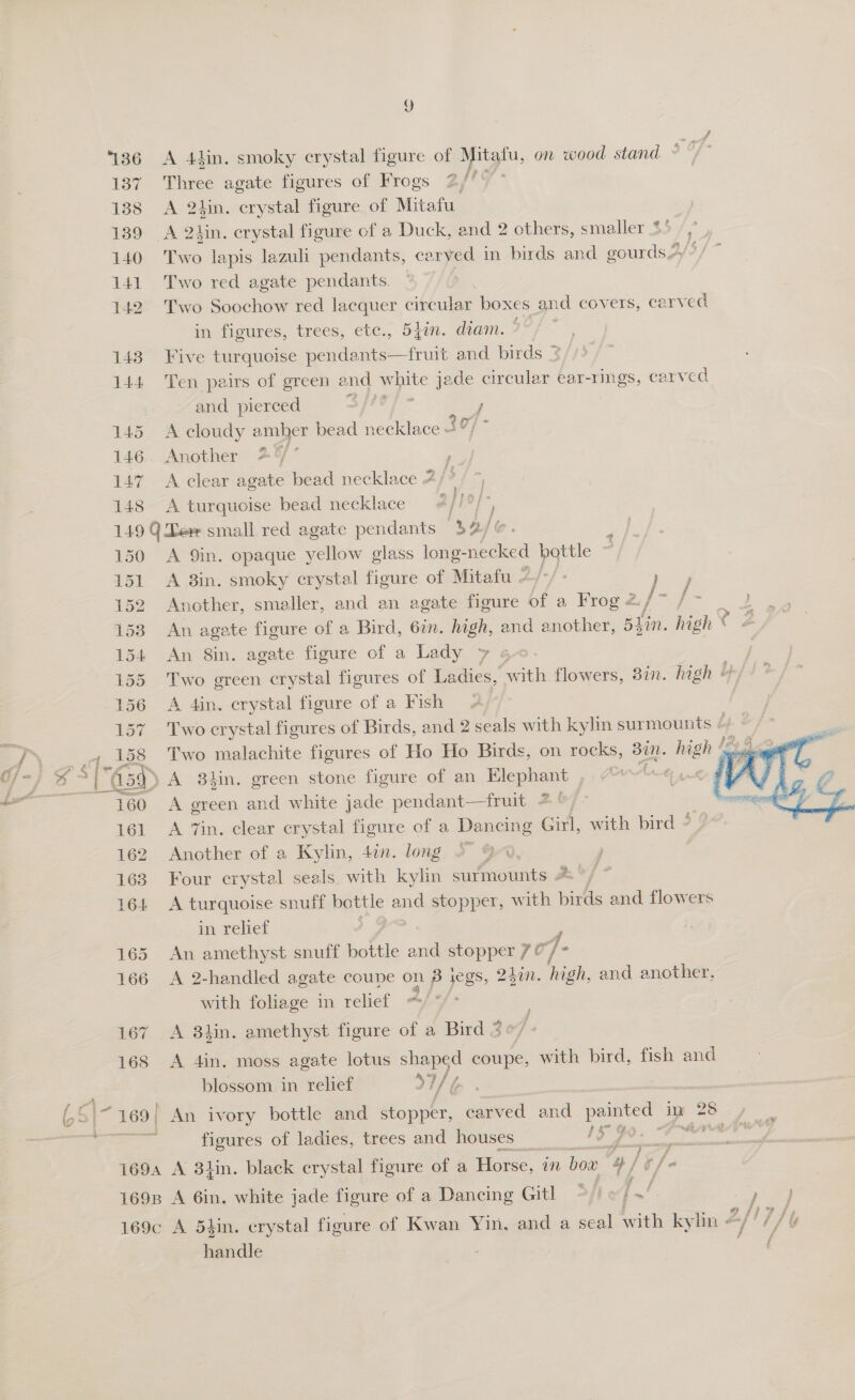 136 A 4dtin. smoky crystal figure of Mitatu, on wood stand 137 Three agate figures of Frogs 2/'Y’ 138 A 2hin. crystal figure, of Mitafu 139 A 2hin. erystal figure of a Duck, and 2 others, smaller 140 Two lapis lazuli pendants, carved in birds and gourds 4 141 Two red agate pendants. 1442 Two Soochow red lacquer circular boxes and covers, carved in figures, trees, etc., 547. diam. y fe 143 Five turquoise pendants—fruit and birds 3//: 144 Ten pairs of green and white jade circular ear-rings, carved and pierced : y 145 &lt;A cloudy amber bead necklace 2% 146.. Another #9 ° 147. A clear agate bead necklace 7 ; , | 148 A turquoise bead necklace 4/!° [&gt; 149 GDew small red agate pendants EN 2] 150 A Qin. opaque yellow glass long- Ee aica bottle 151 A 3in. smoky crystal figure of Mitafu 2 wk yoy 152 Another, smaller, and an agate figure of a Frog 2 J Se 153 An agate figure of a Bird, 6in. high, and another, Blin. high ¢ ‘ 154 An 8in. agate figure of a Lady y 155 Two green crystal figures of Ladies, “with flowers, 3in. high +/ 156 A 4in. crystal figure of a Fish 157 Two crystal figures of Birds, and 2 seals with kylin surmounts / Ps t24a. o3- ‘wo malachite figures of Ho Ho Birds, on rocks, Bin. high abe a “a (59&gt; A 8tiin. green stone figure of an Elephant © 4 : a? re) ee 160 A green and white jade pendant—fruit # ©, 161 A 7in. clear crystal figure of a Dancing Girl, with bird / 162 Another of a Kylin, 4in. long 2 9%, 163 Four crystal seals with kylin surmounts * 164 A turquoise snuff bottle and stopper, with birds and flowers in relief 165 An amethyst snuff bottle and nabs 7/¢ /- 166 A 2-handled agate coupe on 8 joes, 2 din. high, and another, with foliage im relicl “ 167 A 3iin. amethyst figure of a Bird 247- 168 A 4in, moss agate lotus ee coupe, with bird, fish and blossom in relief aT  ~ 169 | An ivory bottle and stopper, carved and painted ink Bol sa Ge figures of ladies, trees and houses ? 1694 A 3hin. black crystal figure of a Pore. an bow ‘y / oe 1698 A 6in. white jade figure of a Dancing Gitl ~ « / a hes 169c A 54in. erystal figure of Kwan Yin, and a seal with kylin “ae j / ty handle