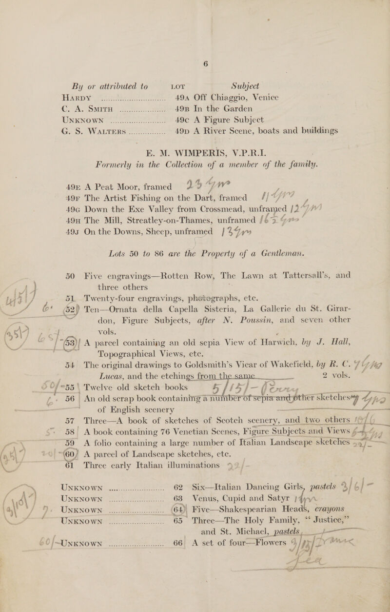 EL ERD ae eee ee 494 Off Chiaggio, Venice Ca MID. he Na ae 49B In the Garden UNKNOWN eee 49c A Figure Subject 49p A River Scene, boats and buildings E. M. WIMPERIS, V.P.R.I. Formerly in the Collection of a member of the family. % ff 49&amp; A Peat Moor, framed 19 rae 49F The Artist Fishing on the Dart, framed //// ” / 49G Down the Exe Valley from Crossmead, untramed 1 hg: 49H The Mill, Streatley-on-Thames, unframed / Late’ 495 On the Downs, Sheep, unframed / Uy 4 ai Lots 50 to 86 are the Property of a Gentleman. 50 Five engravings—Rotten Row, The Lawn at Tattersall’s, and three others 51 Twenty-four engravings, idle ipiik ete: _62) Ten—Ornata della Capella Sisteria, La Gallerie du St. Girar- don, ‘Figure Subjects, after 3N. Poussin, and seven other vols. wae) A parcel containing an old sepia View of Harvick by J. Hail, Topographical Views, ete.  54 The original drawings to Goldsmith’s Vicar of Wakefield, by &amp;. C. 9 Uy he Lucas, and the etchings from the. rt) ea 2. vols, - Be j | Twelve old sketch books 4) f i Sf- ( Fy oe ae An old scrap book containing a number or} sepia and brher ier eS By Ape of English scenery ‘ ee ail Three—A book of sketches of Scotch scenery, aie two others Bly, fi — on 58 A book containing 76 Venetian Scenes, Figure Subjects and Vi JEWS Jape te, , 59 A folio containing a large number of Italian Landscape sketches 4) ws 61 Three early Italian illuminations ON KNOWN ni6c. ei 62 Six—Italian Dancing Girls, pastels 4 6j}- AOIIONOWNY (ac RR 63 Venus, Cupid and Satyr hen UNENOWN 2S (64) _ Five—Shakespearian Head, crayons WONENO WINE hoje 65 Three—The Holy Family, ‘‘ Justice,” F em and St. Michael, pastels. _