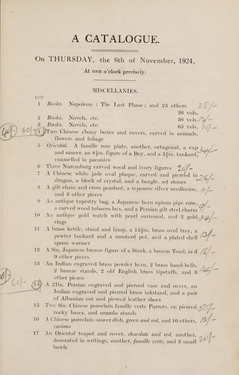  fom  “a DD Gr CO 1G iH   A CATALOGUE. en   At ONE o’clock precisely. MISCELLANIES. Books. Napoleon : The Last Phase; and 25 others 26 vols. Books. Novels, ete. 38 vols. 43 Books. Novels, ete. 65 vols. flowers and foliage Oriental. A famille rose plate, another, octagonal, a cup 2) “bf - and saucer, an 8$in. figure of a Boy, and a 54in. tankard, ’/ enamelled in paeonies Three Nuremburg carved wood and ivory figures SS “ A Chinese white jade oval plaque, carved and pierced in 26 dragon, a block of crystal, and a bangle, set stones “&gt; A gilt chain and cross pendant, a repousse silver needlecase, 7 /- and 8 other pieces An antique tapestry bag, a Japanese horn oplum pipe case, ,,/ a carved wood tobacco box, and a Persian gilt steel es — An antique gold watch with pearl surround, and-2 gold .3 4/- rings A brass kettle, stand and lamp, a 154in. brass oval tray, a aff pewter tankard and a mustard pot, and a plated shell ( ae spoon warmer. F A 9n. Japanese bronze figure of a Stork, a bronze Toad, ard ves i 9 other pieces | An Indian engraved brass powder horn, 2 brass hand-bells, Ree a 2 bronze stands, 2 old English brass tipstaffs, and 3“% ~ other picces A 2lin. Persian engraved and pierced vase and cover, an Indian engraved and pierced brass inkstand, and a pair of Albanian cut and pierced leather shoes ‘ Two 9in. Chinese porcelain famille verte Parrots, on pierced 475/_ rocky bases, and ormolu stands iS A Chinese porcelain saucer dish, green and red, and 10 others, [34 or various decorated in writings, another, famille verte, and 3 small | bowls