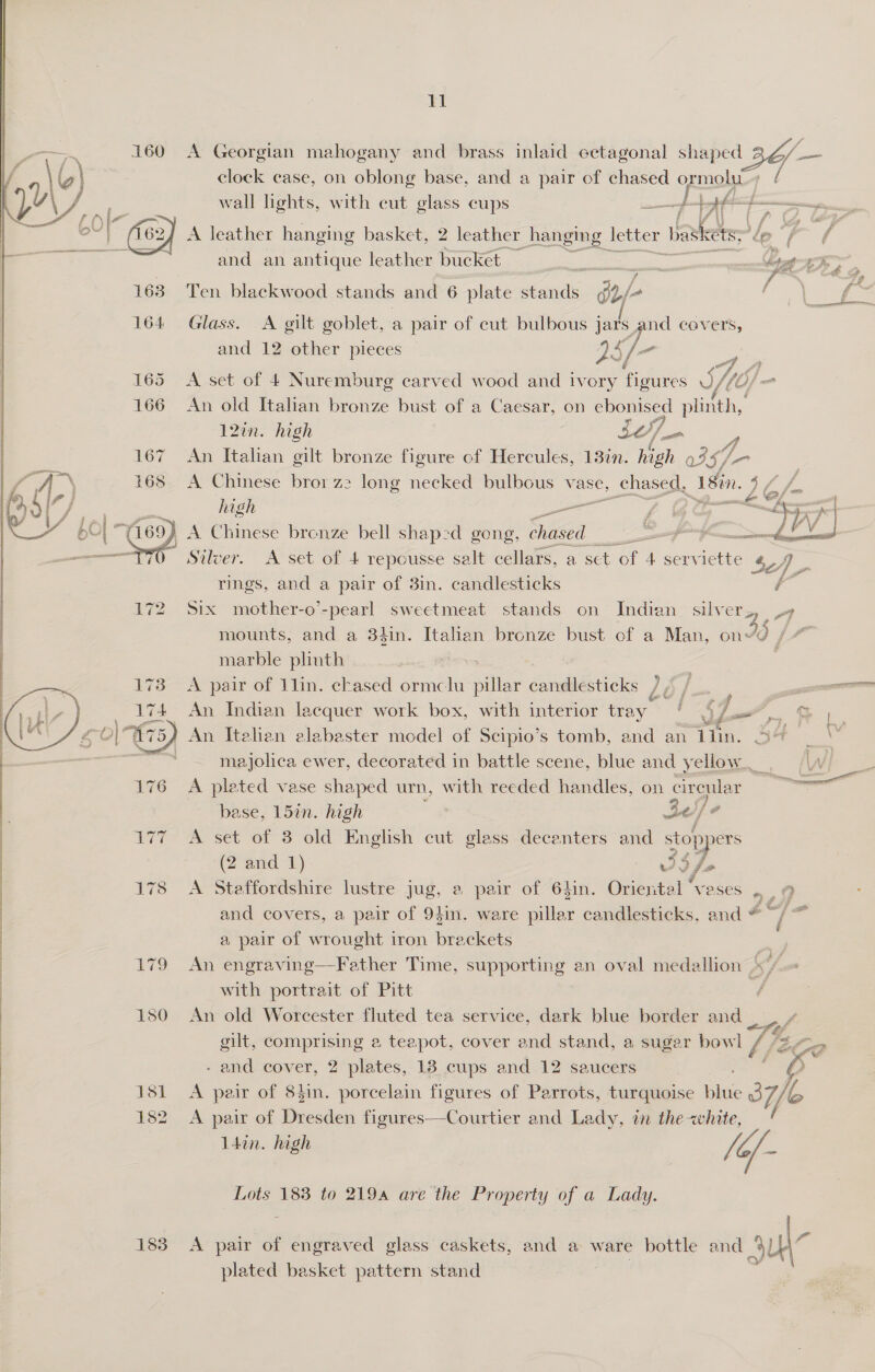  160 181 182 183 11 A Georgian mahogany and brass inlaid cetagonal shaped 2 of — clock case, on oblong base, and a pair of chased ormolu  wall lights, with cut glass cups —4 L+of a= A leather hanging basket, 2 leather 1 hanging letter a. d ae and an antique leather bucket — : 3 : ‘et t Ten blackwood stands and 6 plate eae $o/- / Glass. A gilt goblet, a pair of cut bulbous jas gnd covers, and 12 other pieces 235, fo of A set of 4 Nuremburg carved wood and ivory figures J iy, — An old Itahan bronze bust of a Caesar, on ebonised plinth, 12in. high Se. a . An Italian gilt bronze figure of Hercules, 13in. high oI fS/— o A Chinese bror zs long necked bulbous vase, _ chased, isin. q high —— f A Chinese bronze bell shaped gong, chased Silve A set of 4 repousse salt cellars, a sct ay, 4 serviette 4) pe Six mother-o’-pearl sweetmeat stands on Indian silver,, “7 S : 4 ; | ane mounts, and a 34in. Italian bronze bust cf a Man, on» 13 {7 marble phuth 3 A pair of 1lin. chased ormclu pillar candlesticks Z bs [ax . An Indian lacquer work box, with interior tray ' $7.0, &amp; majolica ewer, decorated in battle scene, blue and yellow. . | A plated vase shaped urn, with receded handles, on circular base, 157n. high , “” f] ? A set of 3 old English cut glass decanters and stoppers (2 and 1) wife A Staffordshire lustre jug, @ pair of 64in. Oriental veses ,_ and covers, a pair of 94in. ware pillar candlesticks, and a, a pair of wrought iron brackets | An engraving—Father Time, supporting an oval medallion &amp;s / with portrait of Pitt 4 An old Worcester fluted tea service, dark blue border and _ gilt, comprising a teapot, cover and stand, a suger bowl (fe - and cover, 2 plates, 18 cups and 12 saucers A peir of 84in. porcelain figures of Parrots, turquoise blue 37 A pair of Dresden figures—-Courtier and Lady, in the «white, Ldin. high y. Lots 183 to 2194 are the Property of a Lady.    A pair of engraved glass caskets, and a ware bottle and 4) plated basket pattern stand 