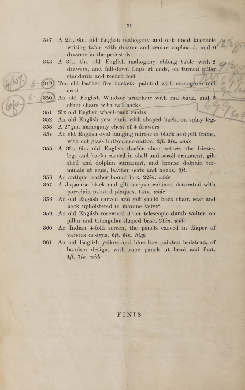 347 &lt;A 2ft. 6in. old English mahogany and oak lined Enekibisie fo, writing table with drawer and centre cupboard, and of af * A we drawers in the pedestals 348 A 3ft. 4in. old English mahogany oblong table with 2 ..» drawers, and fall-down flaps at ends, on turned eee f é Z\ ra   A standards and reeded feet TAI AA &amp; ib isi ie : (B19) Ten old leather fire buckets, painted with monogtaf and lo oY rs lke ; pay ; crest f Ln bia am b * '350) An old English Windsor armchair sith wal back, and. 3. — &lt; a other chairs with rail backs 12 fn Sp She 351 Six old English wheel-back chairs ava 4 352 An old English yew chair with shaped back, on splay we a 353 A 274in. mahogany chest of 4 drawers eas 354 An old English oval hanging mirror in black and gilt frame, with cut glass button decoration, 2ft. 91n. wide 355 A 38ft. 6in. old En lish double chair settee, the friezes, legs and backs carved in shell and scroll ornament, gilt shell and dolphin surmount, and bronze dolphin ter- minals at ends, leather seats and backs, 3ft. 356 An antique leather bound box, 22in. wide 357 A Japanese black and gilt lacquer cabinet, decorated with porcelain painted plaques, 14in. wide | 358 An old English carved and gilt shield back chair, seat and back upholstered in marone velvet 359 An old English rosewood 3-tier telescopic dumb waiter, on pillar and triangular shaped base, 21in. wide 360 An Indian 4-fold screen, the panels carved in diaper of various designs, 6ft. 6in. high 361 An old English yellow and blue line painted bedstead, of bamboo design, with cane panels at head and foot, Aft. Tin. wide : FINIS