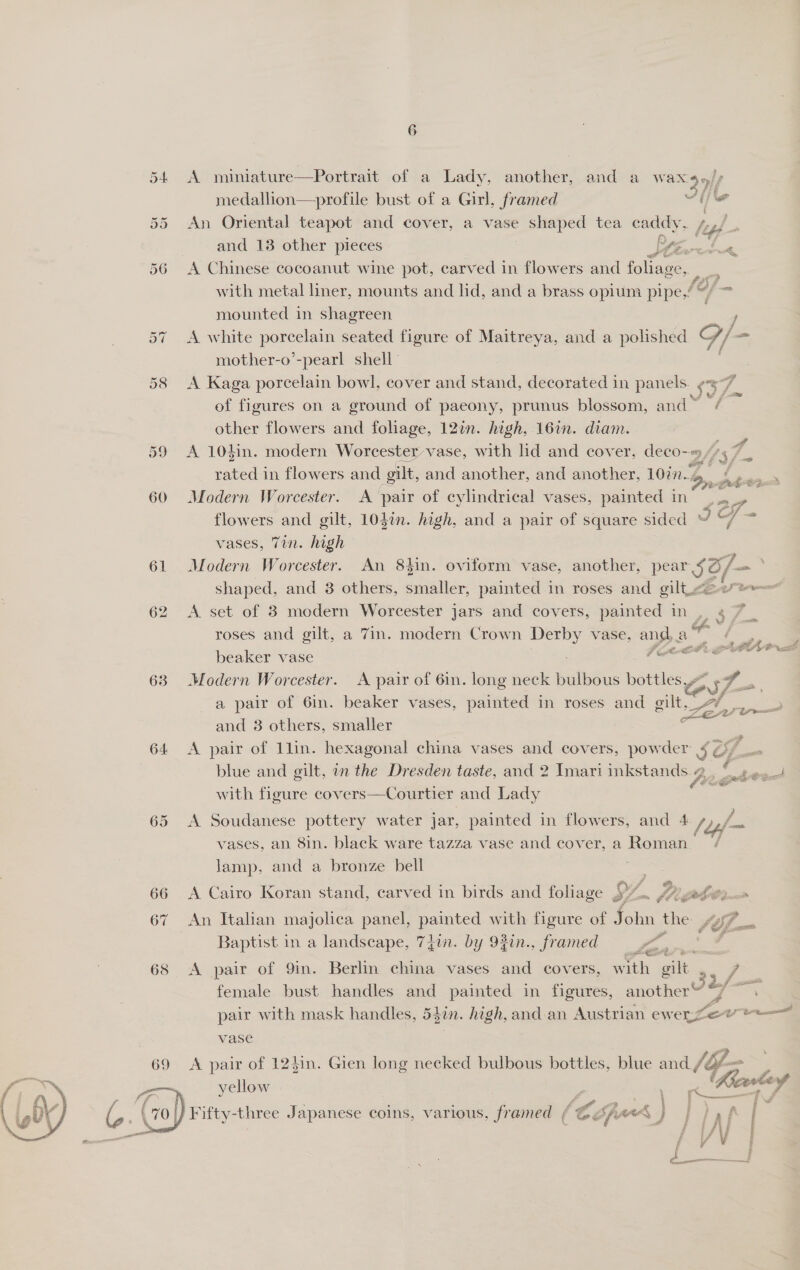 54 <A miniature—Portrait of a Lady, another, and a Poe f medallion—profile bust of a Girl, framed je 55 An Oriental teapot and cover, a vase shaped tea caddy, ey and 18 other pieces [7 q 56 A Chinese cocoanut wine pot, carved in flowers and foliage, a with metal liner, mounts and lid, and a brass opium nine - mounted in shagreen j / BY ..ax winite pecan seated figure of Maitreya, and a polished S/ f= mother-o’-pearl shell’ 58 <A Kaga porcelain bowl, cover and stand, decorated in panels. es pf of figures on a ground of paeony, prunus blossom, and~ if 65 other flowers and foliage, 12in. high, 16in. diam. 59 A 104in. modern Worcester vase, with lid and cover, deco-9 7 37 rated in flowers and gilt, and another, and another, 1027. bn, : Lee vaelt 60 Modern Worcester. A pair of cylindrical vases, painted in flowers and gilt, 1037n. high, and a pair of square sided J Ff - rE vases, 7in. high 61 Modern Worcester. An 8in. oviform vase, another, pear Jf ra) o/- a shaped, and 3 others, santicr painted in roses and gilt. 62 <A set of 3 modern Worcester jars and covers, painted in , ¢ roses and gilt, a 7in. modern Crown Derby vase, and, a ie ae beaker vase e OBS lS ee 63 Modern Worcester. A pair of 6in. long neck bulbous bottles, ey a a pair of 6in. beaker vases, painted in roses and gilt._ and 3 others, smaller a 64 A pair of 1lin. hexagonal china vases and covers, powder 4 es blue and gilt, in the Dresden taste, and 2 Imari inkstands 2 . ° ee with figure covers—Courtier and Lady  65 <A Soudanese pottery water jar, painted in flowers, and 4 /2 vases, an 8in. black ware tazza vase and cover, a Rome lamp, and a bronze bell NC 66 <A Cairo Koran stand, carved in birds and foliage 37  67 An Italian majolica panel, painted with figure of John the. f Baptist in a landscape, 7}in. by 93in., framed eae Si EGE? Qe 68 <A pair of 9in. Berlin china vases and covers, with ilt wee female bust handles and painted in figures, another“ “7.  aA pair with mask handles, 54in. high, and an Austrian ewer let h—— vase | 69 <A pair of 12$in. Gien long necked bulbous bottles, blue and. (6p, - a yellow Gers: cartes &amp; (70 Fifty-three Japanese coins, various. panes, f ‘fe Fark ) j /af ; ‘ eon / y / y |