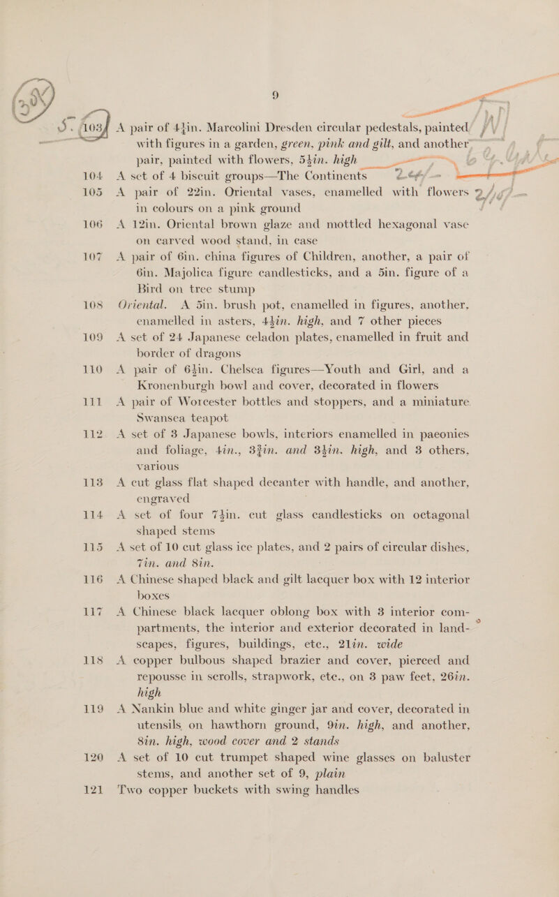 a , A pair of 4jin. Marcolini Dresden circular pedestals, painted; with figures in a garden, green, pink and gilt, and another” pair, painted with flowers, 53in. high , 2 OP AS 104 A set of 4 biscuit groups—The Continents ae al 105 <A pair of 22in. Oriental vases, enamelled with flowers 2, hg } in colours on a pink ground es 106 A 12in. Oriental brown glaze and mottled hexagonal vase on carved wood stand, in case 107 A pair of 6in. china figures of Children, another, a pair of 6in. Majolica figure candlesticks, and a 5in. figure of a Bird on tree stump 108 Oriental. A 5in. brush pot, enamelled in figures, another, enamelled in asters, 447n. high, and 7 other pieces 109 A set of 24 Japanese celadon plates, enamelled in fruit and border of dragons 110 A pair of 64in. Chelsea figures—Youth and Girl, and a ~ Kronenburgh bowl and cover, decorated in flowers 111 A pair of Worcester bottles and stoppers, and a miniature. Swansea teapot 112. A set of 3 Japanese bowls, interiors enamelled in paeonies and foliage, 4in., 33in. and 34in. high, and 3 others, various 113 A cut glass flat shaped decanter with handle, and another, engraved  114 A set of four 7din. cut glass candlesticks on octagonal shaped stems 115 A set of 10 cut glass ice plates, and 2 pairs of circular dishes, Zin. and 8in. 116 A Chinese shaped black and gilt lacquer box with 12 interior boxes 117 A Chinese black lacquer oblong box with 8 interior com- partments, the interior and exterior decorated in land- scapes, figures, buildings, ete., 2lin. wide 118 A copper bulbous shaped brazier and cover, pierced and repousse in. scrolls, strapwork, etc., on 3 paw feet, 262. high 119 A Nankin blue and white ginger jar and cover, decorated in utensils on hawthorn ground, 9in. high, and another, Sin. high, wood cover and 2 stands 120 A set of 10 cut trumpet shaped wine glasses on baluster stems, and another set of 9, plain 121 Two copper buckets with swing handles