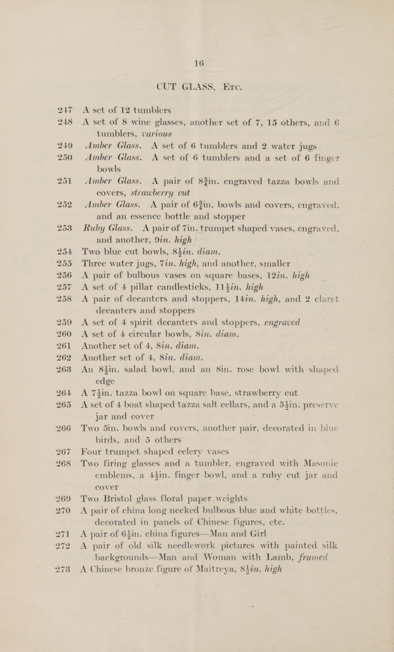 CUT GLASS, Etc. A set of 12 tumblers A set of 8 wine glasses, another set of 7, 15 others, and 6 tumblers, various Amber Glass. A set of 6 tumblers and 2 water jugs: Amber Glass. A set of 6 tumblers and a set of 6 finger bowls Amber Glass. A pair of 83in. engraved tazza bowls and covers, strawberry cut Amber Glass. A pair of 63in. bowls and covers, engraved, and an essence bottle and stopper Ruby Glass. A pair of 7in. trumpet shaped vases, engraved, and another, 9in. high Two blue cut bowls, 84in. diam. Three water jugs, 7in. high, and another, smaller A pair of bulbous vases on square bases, 12in. high A set of 4 pillar candlesticks, 114in. high A pair of decanters and stoppers, 14in. high, and 2 claret decanters and stoppers ! A set of 4 spirit decanters and stoppers, engraved A set of 4 circular bowls, Sin. diam. | Another set of 4, Sin. diam. Another set of 4, 8in. diam. An 8tin. salad bowl, and an 8in. rose bowl with shaped edge A 7hin. tazza bowl on square base, strawberry cut A set of 4 boat shaped tazza salt cellars, and a 54in. preserve jar and cover ; Two 5in. bowls and covers, another pair, decorated in biue birds, and 5 others Four trumpet shaped celery vases Two firmg glasses and a tumbler, engraved with Masonic emblems, a 44in. finger bowl, and a ruby cut jar and cover | Two Bristol glass floral paper weights A pair of china long necked bulbous blue and white bottles, decorated in panels of Chinese figures, ete. A pair of 64in. china figures—Man and Girl A pair of old silk needlework pictures with painted silk backgrounds—Man and Woman with Lamb, framed A Chinese bronze figure of Maitreya, 84in. high