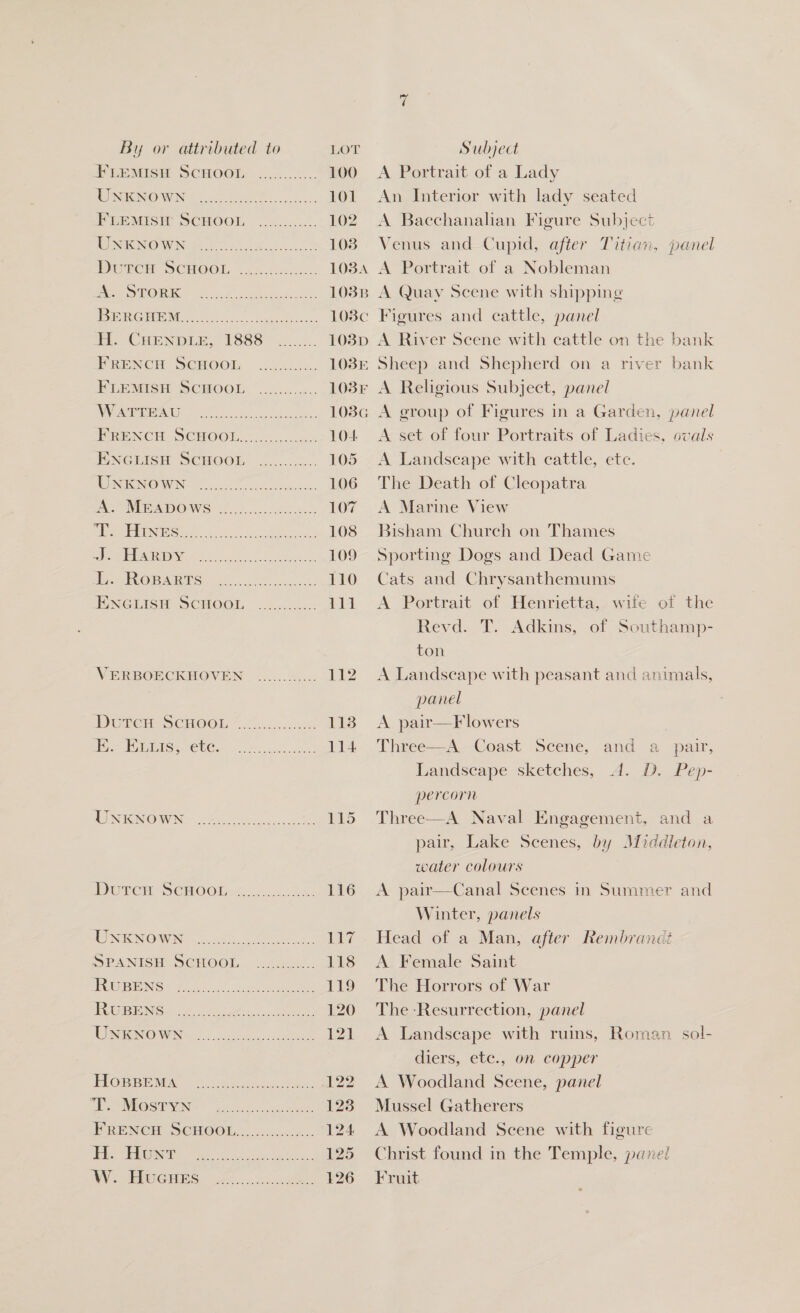 FEEMISH SCHOOL |......:... 100 NSN N35 ook oss ce unease 101 PREMISH SCHOOL &lt;.....-... 102 NNO WN ee 108 PROWCH SCHOOL. 6 .-hcescc... 1084 ENO UCR! 8 a 7 ke ts 1038 EGE Ni oe. eked. oss 108¢ EL. CHENDLE, £888 2... 103D PRENCH SOMOOUM c42.5.. 1085 FLEMISH SCHOOL. ”...:...«.. 108K VV APA) oe eo 108G FRENCH: SCHOOL:..........4% 104 ENGRISH SCHOOL ........... 105 SESTSINT OAV BE eae 106 ee NEADOWS: (209.5. lio.) 107 21 Aap TSN Us one re ee 108 EMR MRD Goh ck oo ha tts 109 IE MROB ARTS. 7 sas. 110 ENGLISH SCHOOL ..:-4.: 411 VERBOECKHOVEN ............ he DUPrCis SCHOOL © &lt;2. 5k LES Fe Bien Ct Cre aes 114 NEGO WIN Se nen he. 115 Bere SCH00i 4 a 116 REUIGN ON NG nc. ee 117 SPANISH SCHOOL 242.4). 118 EV EHBIEINISS Frc ca0. sae ed 119 IBSEN tl cats apa. Caen 120 UNRINO MW Nit &lt;. es eae 128 PEORIA © ore enk hs: Bien: 122 he ROSEN ages cuadeions. 123 ERENCE SCHOOL, &lt;.ccccccs- 124. | Sie (oe ee 125 WY OCHS. Ue os. oe: 126 A Portrait of a Lady An Interior with lady seated A Bacchanalian Figure Subject Venus and Cupid, after Titian, panel A Portrait of a Nobleman A Quay Scene with shipping Figures and cattle, panel A River Scene with cattle on the bank Sheep and Shepherd on a river bank A Religious Subject, panel A group of Figures in a Garden, panel A set of four Portraits of Ladies, ovals A Landscape with cattle, etc. The Death of Cleopatra A Marine View Bisham Church on Thames Sporting Dogs and Dead Game Cats and Chrysanthemums A Portrait of Henrietta, wife of the Revd. T. Adkins, of Southamp- ton A Landseape with peasant and animals, panel A pair—F lowers Three—A Coast Scene, Landscape sketches, 4. D. Pep- and a pair, percorn Three—A Naval Engagement, and a pair, Lake Scenes, by Middleton, water colours A pair—Canal Scenes in Summer Winter, panels Head of a Man, after Rembrandt A Female Saint The Horrors of War The Resurrection, panel A Landscape with ruins, Roman sol- diers, etc., on copper A Woodland Scene, panel Mussel Gatherers A Woodland Scene with figure Christ found in the Temple, panel Fruit and