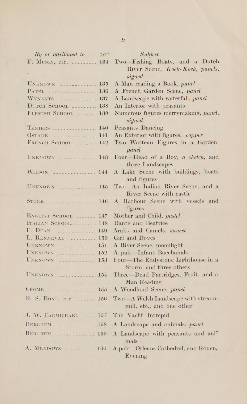 FS NOUSIN;, Che... Bolu. 134 EEN ENOWNG Toe Bote 135 | O00 2, Ogee | Ae One, er 136 INVESUNDAINIS teeter) oc. oss 137 DUTCH SCHOOL. ...4.0...¢u 138 FLEMISH“SCHOOL. 4.2420... 139 | ARON ee 140 Oa i au Dee ee dex, 141 PRENCH SGHRO@QOR.. 620)... 142 WINN OWN ho cee 1438 SSK ONoe > Se ee 144 ISEGNOWEN: “42cm ao hicdece 145 SHE CO? ek, one ane 146 ENGEISH SCHOOL. <..:.... 147 [PAE EAN SCHOOlg-...5..c.. 148 IEP AGN ie eee 149 PE EU VAE Sco ees. 150 LENHGENOWWN = Se Be. 151 WRERWOWN ©0027 hw. 152 WNENOWN 500) Sos 153 Gra ONIN kc... ae 154 Creer wed. 250g sence tee 155 RO Set BOND, “epee 200 156 J. Wi. CARMICHAEL 2... 157 PRIM. i eee 158 ER CHEM. os on eee 159 i VER A DOW Sa. cee. 2 te 160 Two—Fishing Boats, and a Dutch River Scene, Koek- Koek, panels, signed A Man reading a Book, panel A French Garden Scene, panel A Landscape with waterfall, panel An Interior with peasants Numerous figures merrymaking, panel. signed Peasants Dancing An Exterior with figures, copper Two Watteau Figures in a Garden, panel Four—Head of a Boy, a sketch, and three Landscapes A Lake Scene with buildings, boats and figures Two—An Indian River Scene, and a River Scene with castle A Harbour Scene with vessels and figures Mother and Child, pastel Dante and Beatrice Arabs and Camels, sunset Girl and Doves A River Scene, moonlight A pair—Infant Bacchanals Four—The Eddystone Lighthouse in a Storm, and three others Three—Dead Partridges, Fruit, and a Man Reading A Woodland Scene, panel  Two—A Welsh Landscape with stream: mill, ete., and one other The Yacht Intrepid A Landseape and animals, panel A Landscape with peasants and ani™ mals A pair—Orleans Cathedral, and Rouen, Evening